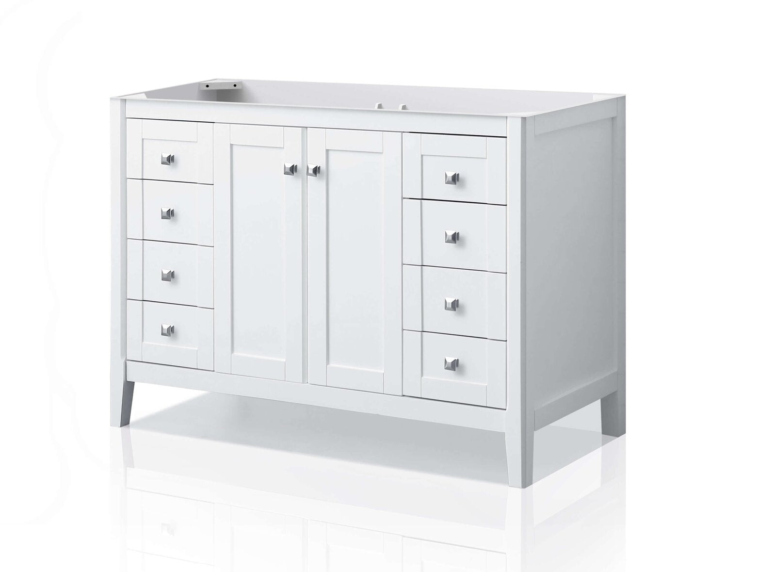 48-inch freestanding modern single-sink bathroom vanity in white solid wood with a stone countertop, two center cabinet doors, four stacked drawers on each side and square chrome knobs.