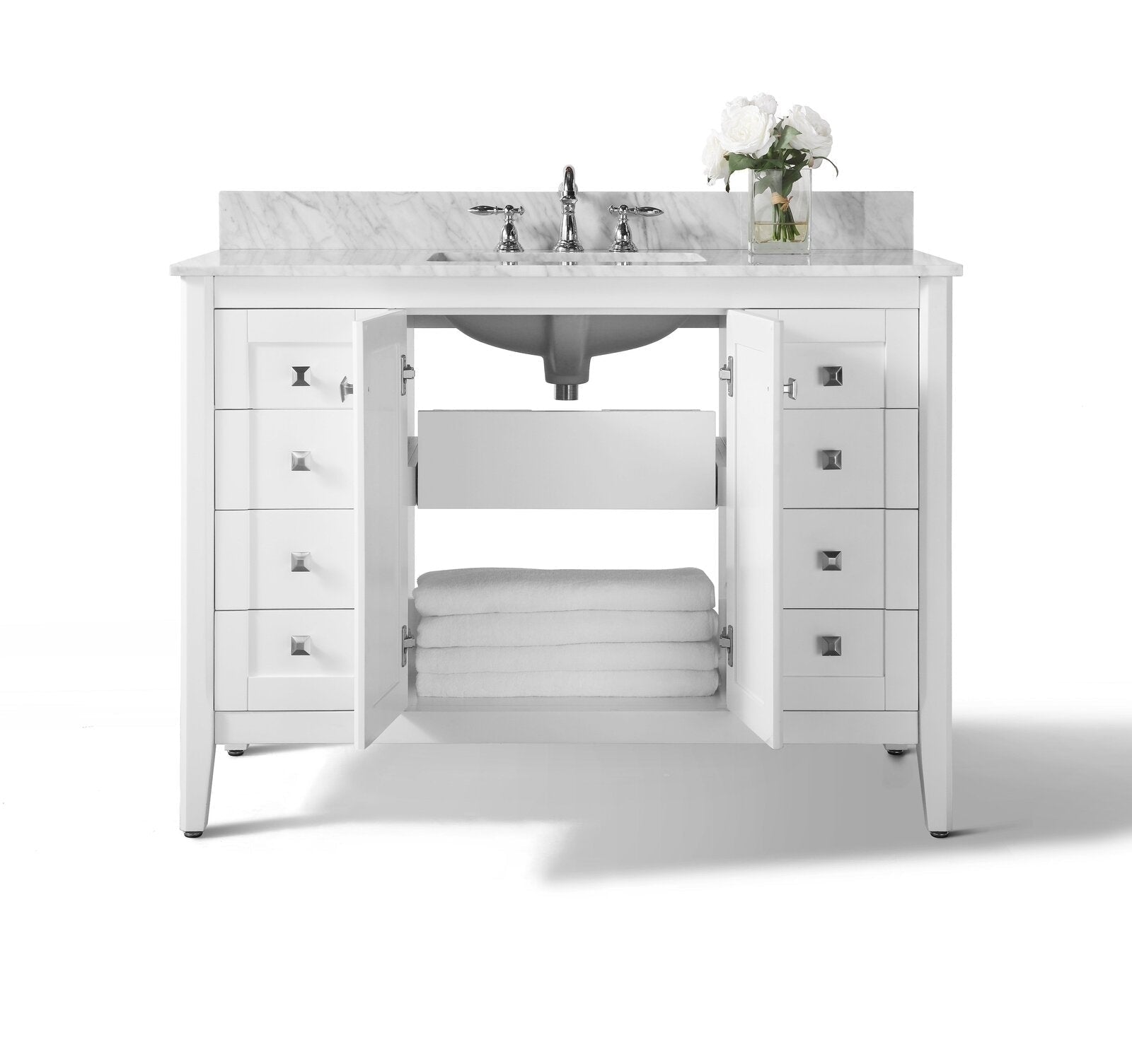 48-inch modern white solid wood bathroom vanity with stone marble top and backsplash, single undermount ceramic sink and chrome faucet; open center cabinet reveals folded towels and interior storage drawers.