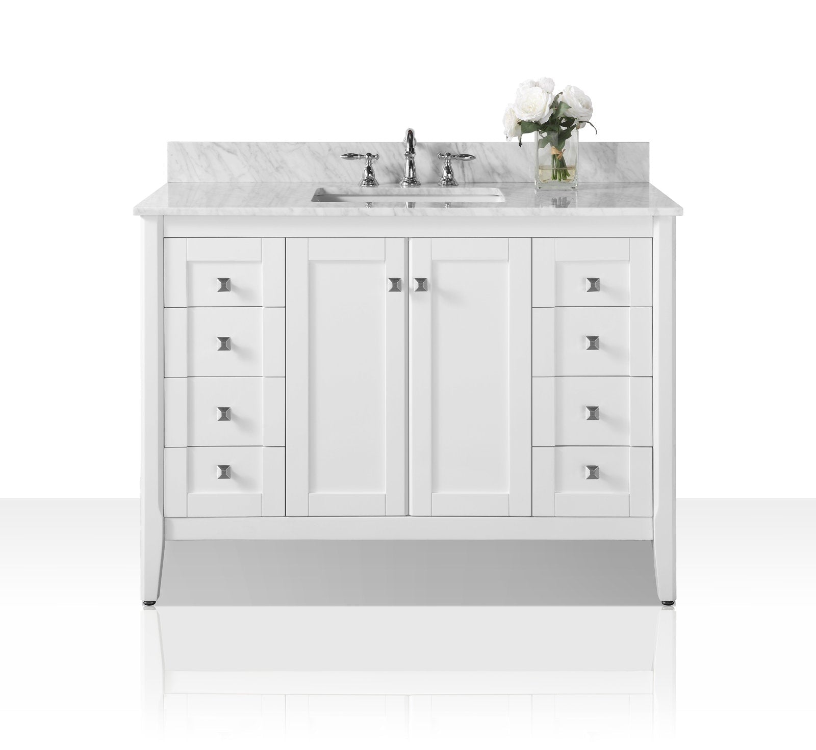 Front view of a 48-inch white solid wood bathroom vanity with marble stone top and backsplash, undermount ceramic sink, chrome faucet, four drawers on each side, double cabinet doors, and a vase of white flowers.