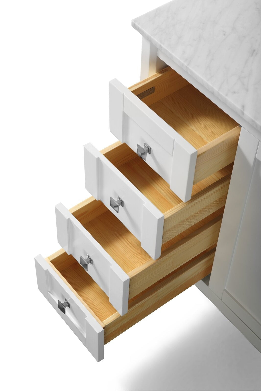 Top-down view of a modern white bathroom vanity with a stone marble top and four open solid wood drawers showing natural wood interiors and square chrome pulls.