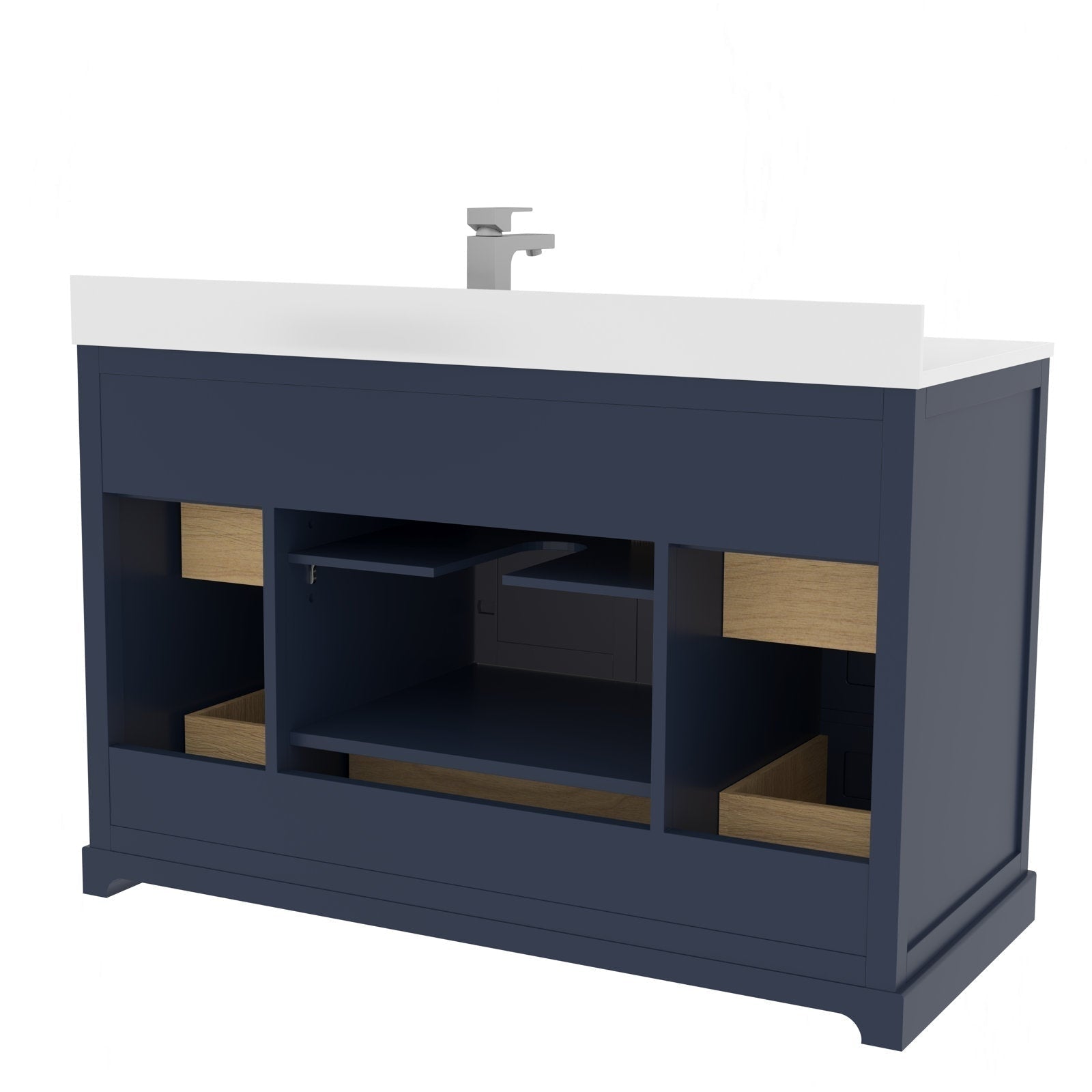 48-inch modern navy solid-wood bathroom vanity with white stone countertop and integrated single sink, chrome single-handle faucet, open center shelving and natural wood interior drawers visible.