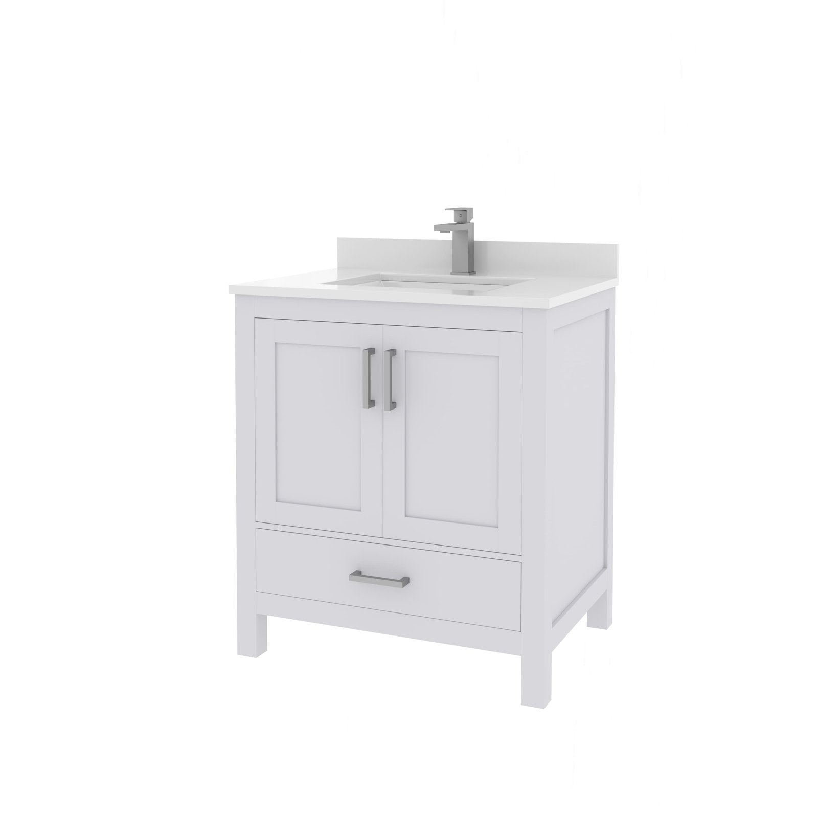 Freestanding 30-inch modern solid wood bathroom vanity in a stone finish with a stone top and integrated rectangular sink, single chrome faucet, two-door cabinet and lower storage drawer with metal handles.