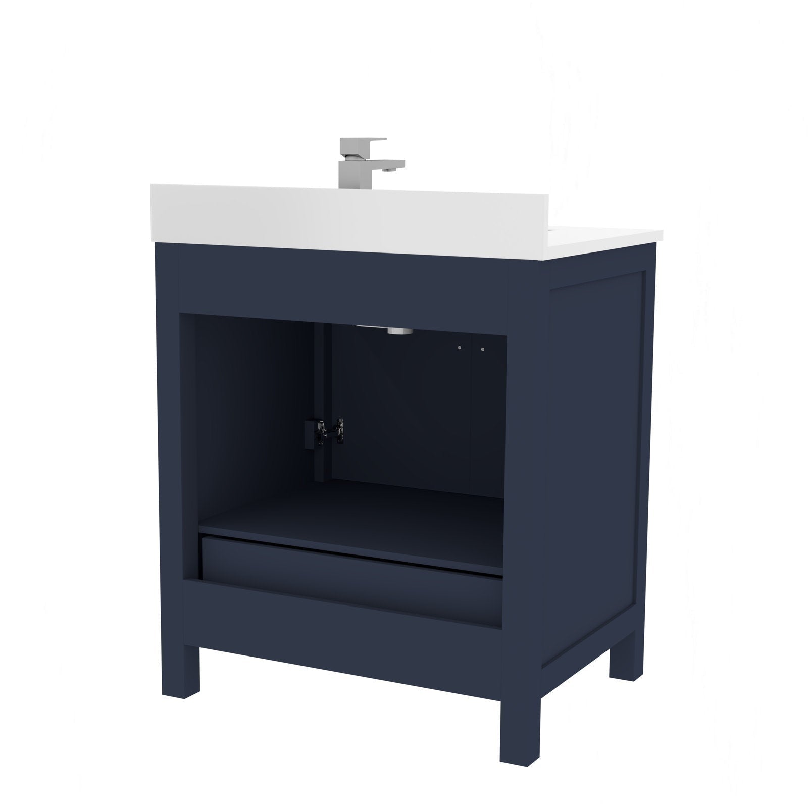 Freestanding modern 30-inch single-sink bathroom vanity in solid wood with a white stone top, dark navy painted base, open lower storage compartment and chrome faucet.