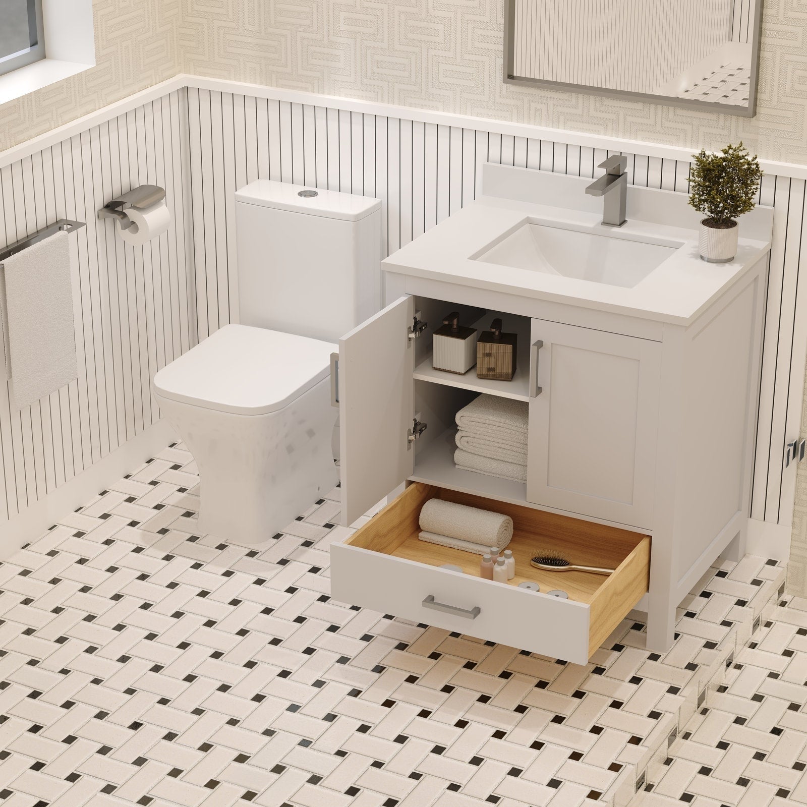 Freestanding modern stone-top solid wood single-sink bathroom vanity in stone finish with an undermount sink, open cabinet shelving and a wood-lined drawer holding towels and toiletries beside a white toilet.
