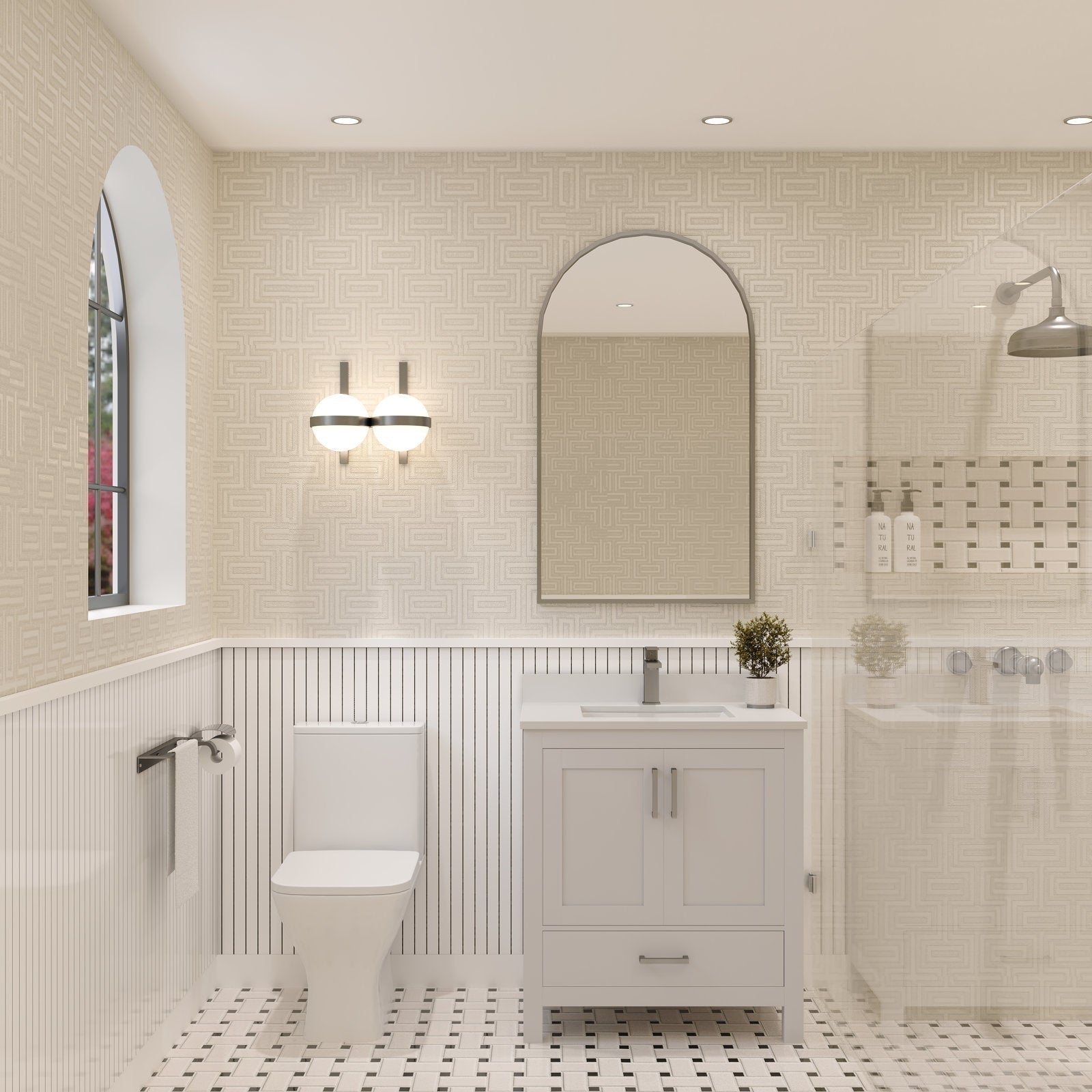 Freestanding 30-inch modern single-sink vanity in solid wood with a stone top and white cabinet, shown with an arched mirror, wall sconce, toilet and glass shower in a neutral contemporary bathroom.
