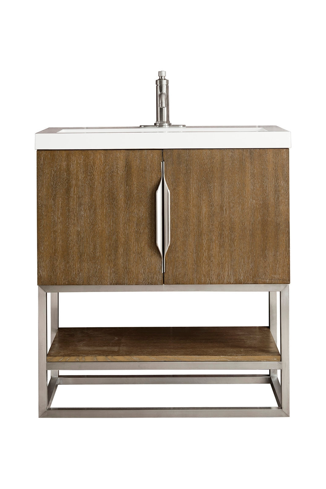 Freestanding modern single-sink bathroom vanity with white stone top, solid wood stone-colored cabinet doors, brushed metal center handle, open stainless steel base shelf and chrome faucet.