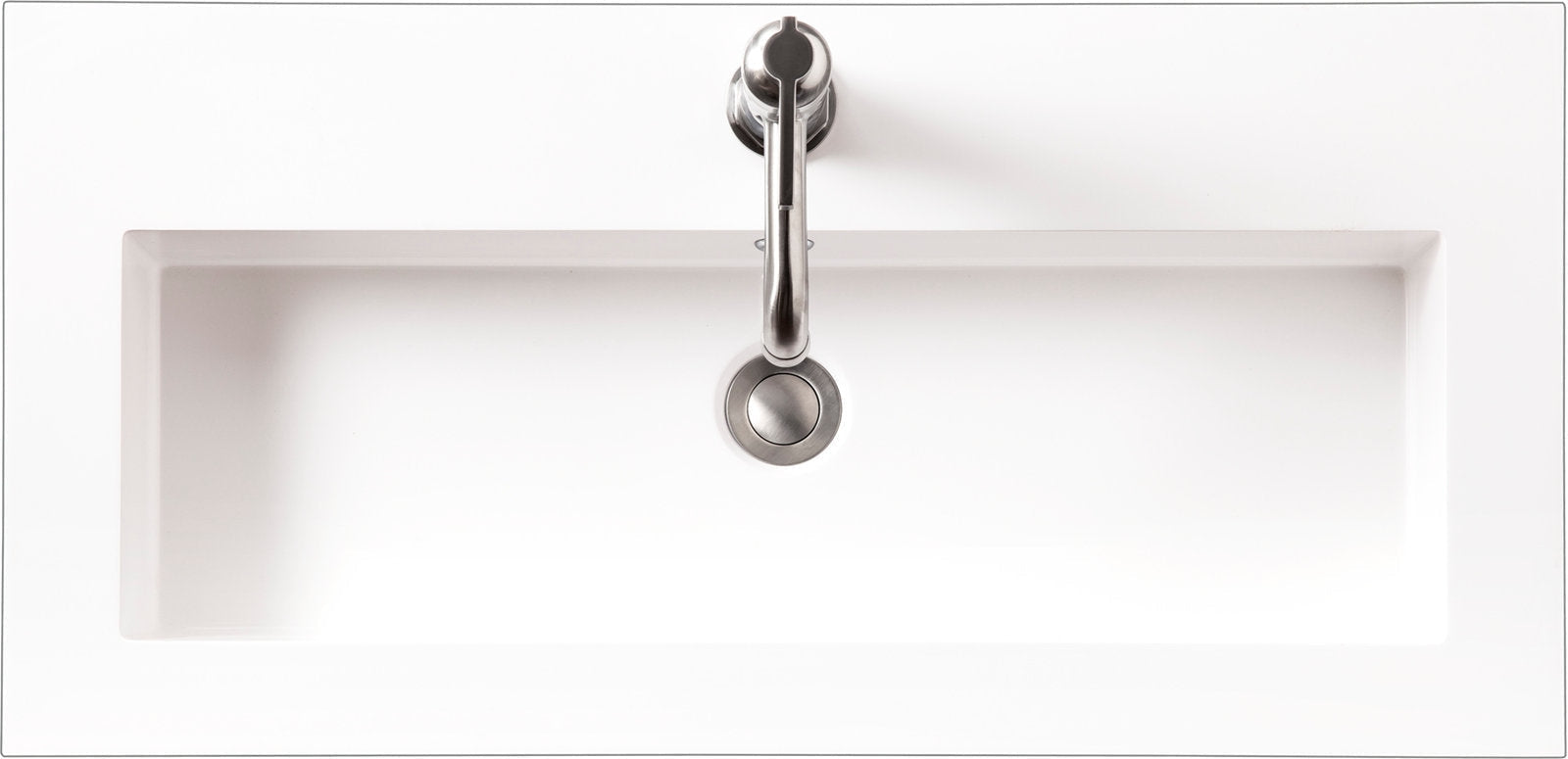 Top-down view of a rectangular stone-top integrated ceramic bathroom sink with clean squared edges, centered stainless-steel single-handle faucet and round drain, styled for a modern contemporary vanity.