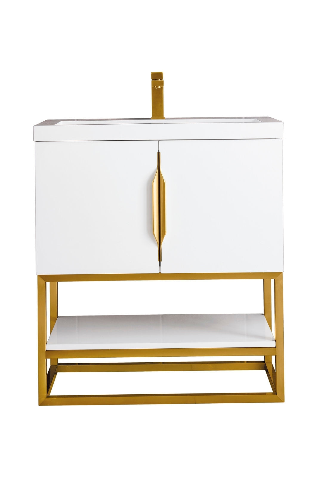 Modern white freestanding single-sink bathroom vanity with a stone top and integrated ceramic basin, solid wood cabinet, gold metal open base, vertical gold center handle and matching gold faucet.