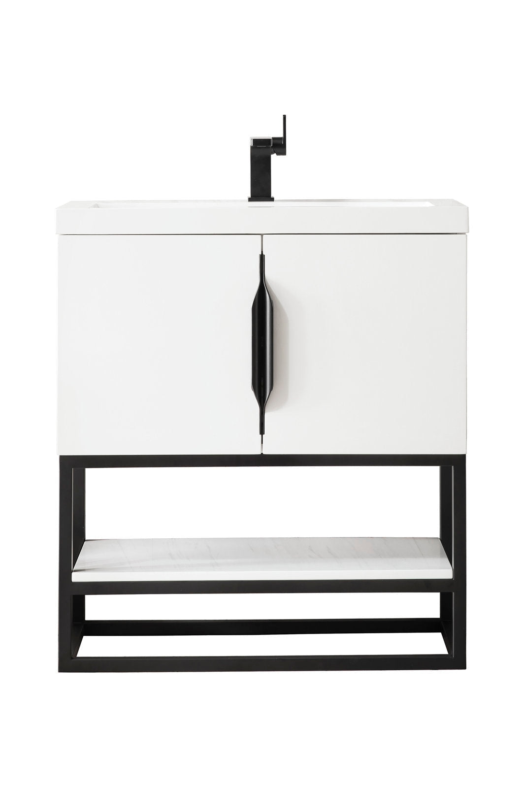 Modern freestanding 31.5-inch single-sink bathroom vanity in white solid wood with a white stone top, centered black faucet, vertical black handle, and black metal open-shelf base.