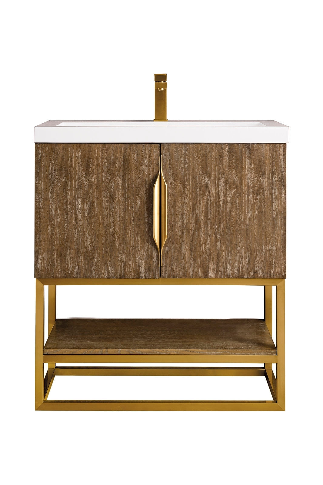 Modern single-sink freestanding bathroom vanity with a white stone top, solid wood stone-colored cabinet, gold metal base and matching vertical gold handle and faucet, and an open lower shelf for storage.