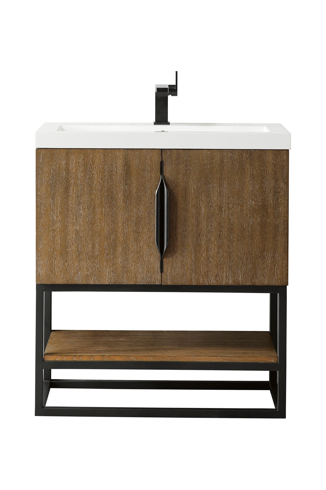 Front view of a 31.5-inch freestanding modern bathroom vanity with a white stone integrated sink, brown solid wood cabinet doors, a black metal frame and open wood shelf, and a matte black single-handle faucet.
