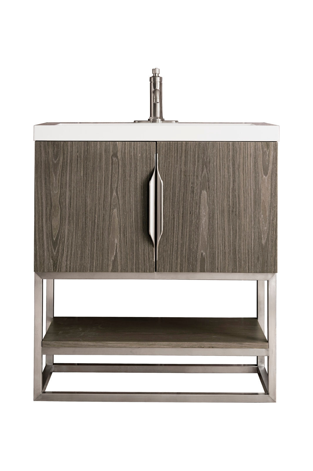 Modern freestanding bathroom vanity with a white stone countertop, stone-colored solid wood cabinet with vertical grain, a central brushed-nickel pull, and an open metal-frame shelf base.
