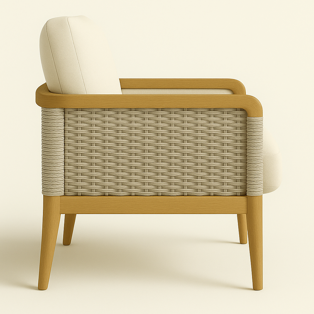 Side profile of an outdoor lounge chair featuring a natural teak frame, woven wicker side panel, rope-wrapped corner posts and a cream upholstered seat and back cushion.