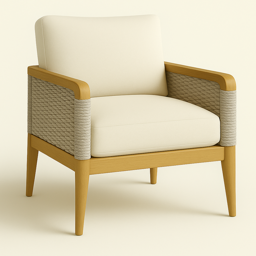 Cream-upholstered outdoor lounge chair with a natural teak frame, woven wicker side panels and wrapped rope arm accents, tapered legs and a thick seat cushion on a neutral background.