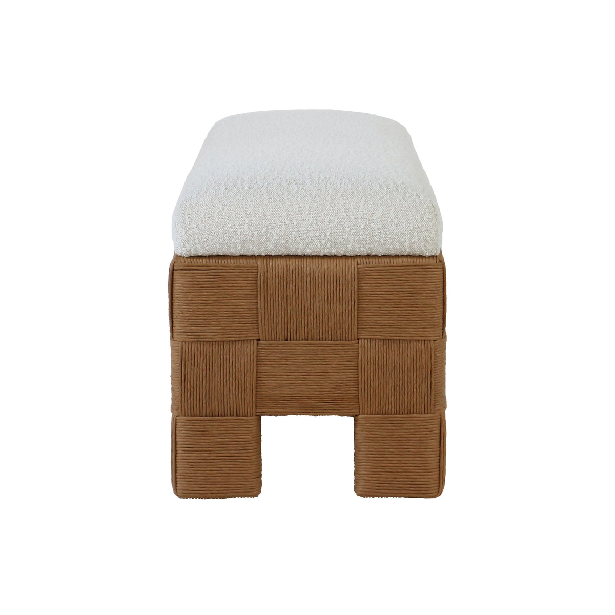 59-inch boucle upholstered bench with a cream fabric cushion set on a woven natural rattan checkerboard base and short rattan feet, low-profile boho-contemporary end-of-bed or entryway bench.