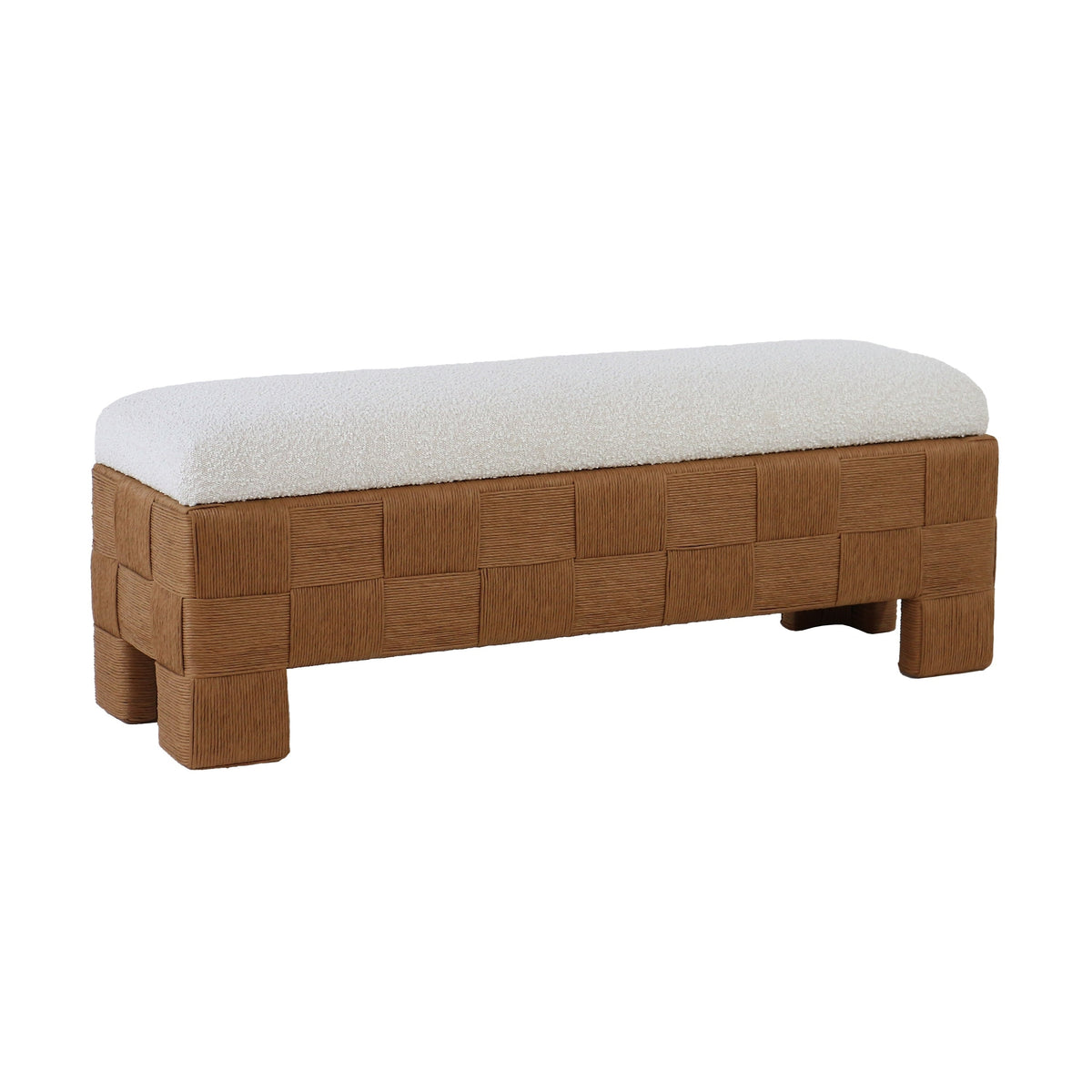 59-inch boucle upholstered bench with a cream fabric cushion set on a woven natural rattan checkerboard base and short rattan feet, low-profile boho-contemporary end-of-bed or entryway bench.