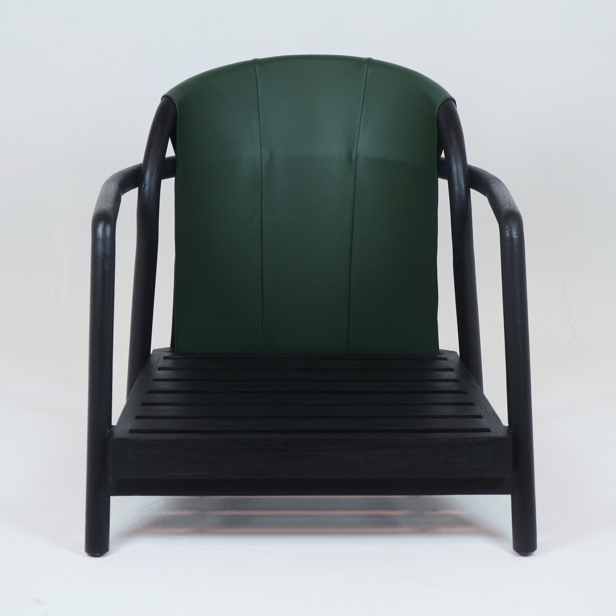 Front-facing mid-century modern armchair with a curved green leather backrest, dark slatted teak seat and rounded teak armrests shown on a white studio background.