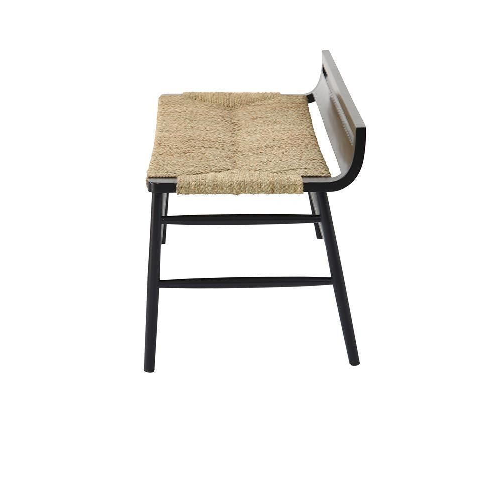 Side view of a modern bench with a blackwash mahogany frame and tapered legs, featuring a natural woven rope seat and simple back rail on a white background.