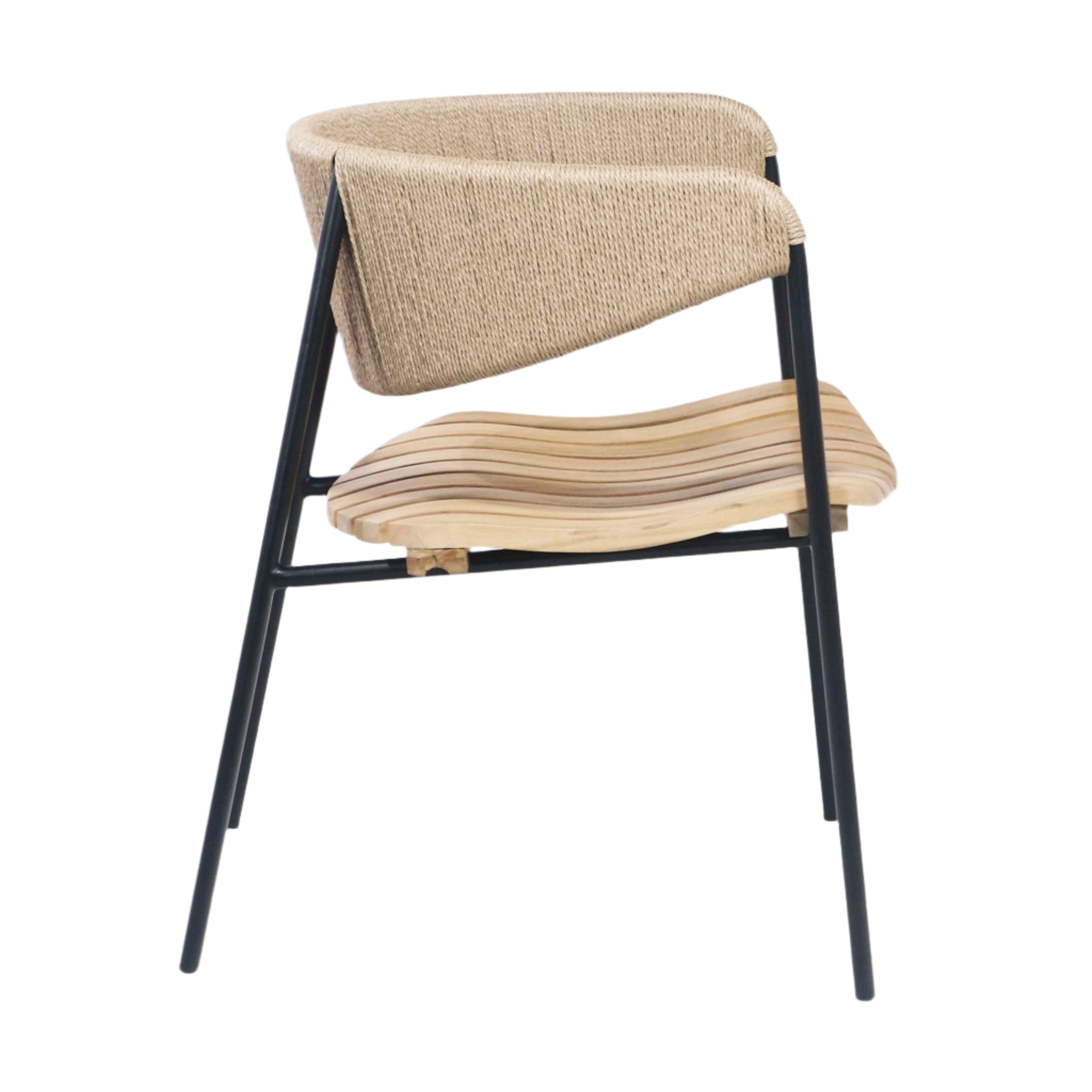 Side view of a coastal dining chair with a black metal frame, beige rush-woven curved backrest and contoured slatted teak seat.