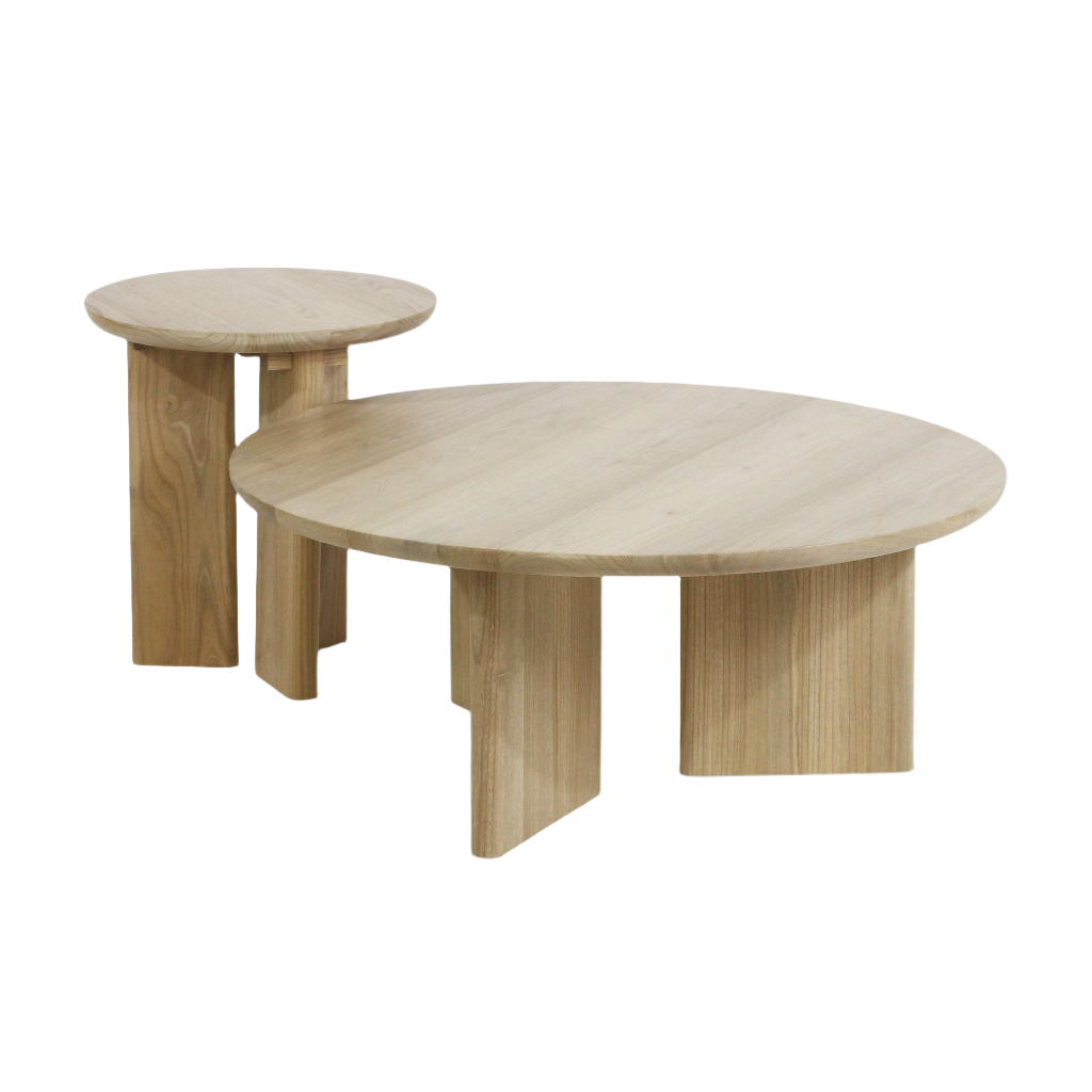 Pair of solid oak round nesting coffee tables in a light natural oak finish, featuring thick circular tops and intersecting flat-panel legs for a modern, minimalist look.