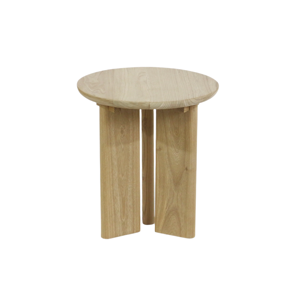 Minimalist round solid oak coffee table in a light natural oak finish, featuring two flat panel legs and a central cylindrical leg, shown against a white background.