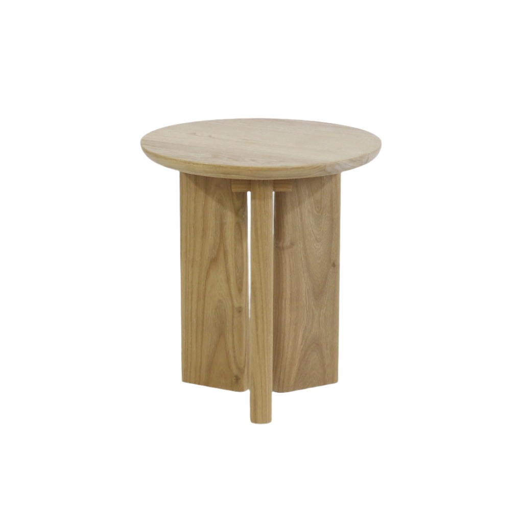 Round solid oak coffee table with a smooth 1.25-inch thick top and three vertical panel legs forming a tripod-style base, finished in light natural oak for a modern, minimalist look.