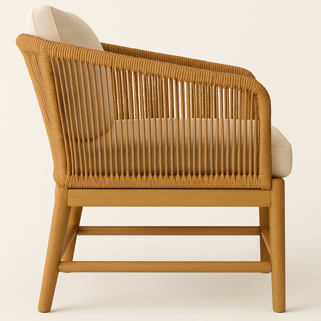 Side profile of an outdoor club chair with a natural teak frame, woven rope back and sides and cream-beige fabric seat and back cushions in a coastal contemporary style.