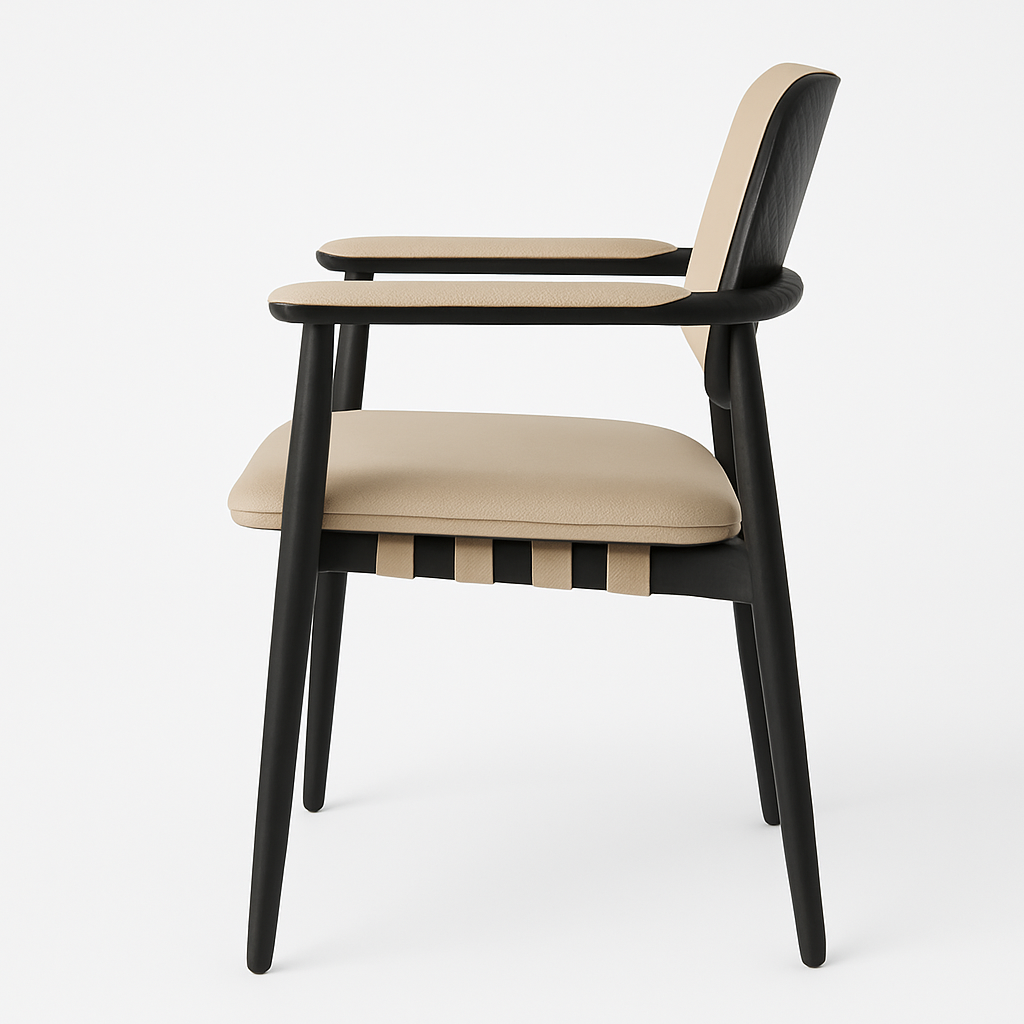 Side view of a modern dining chair with beige leather seat and back cushions, inked black oak frame and tapered legs, curved armrests and contrasting beige strap support visible beneath the seat.