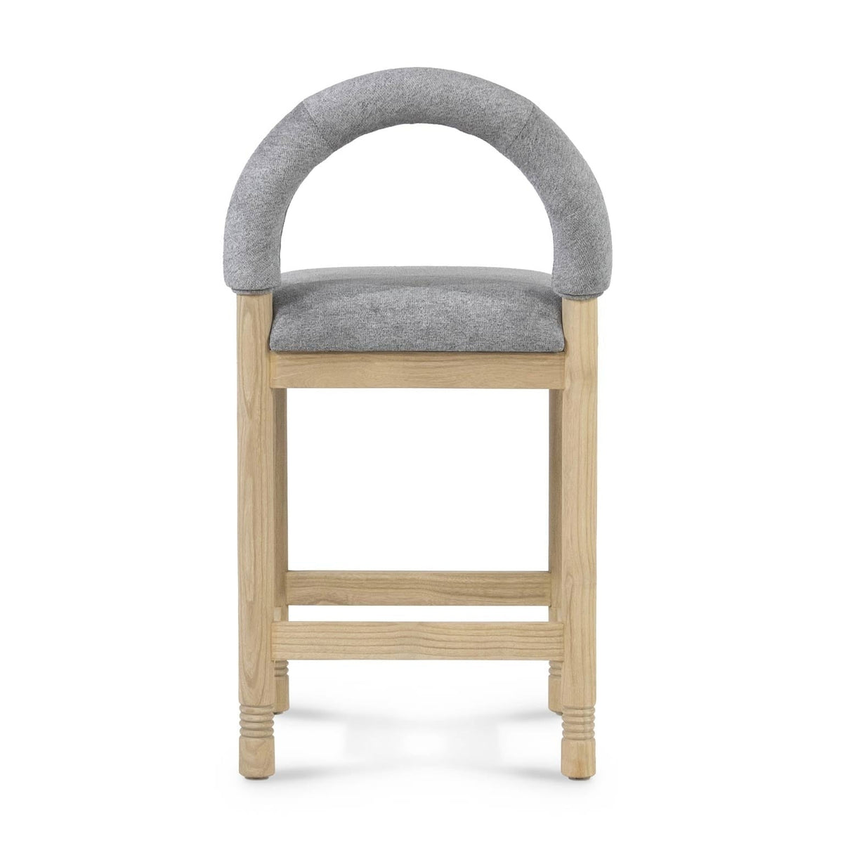 Front view of a stool with a natural oak frame and light gray boucle upholstered seat and rounded padded arch back, featuring straight legs and dual footrest rails.