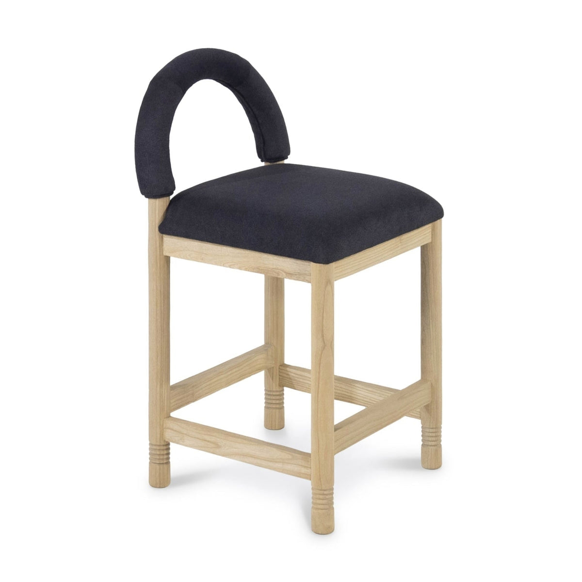 Contemporary counter stool with a natural oak frame, square cushioned charcoal boucle fabric seat and low arched back, four legs joined by stretcher rails that double as footrests.