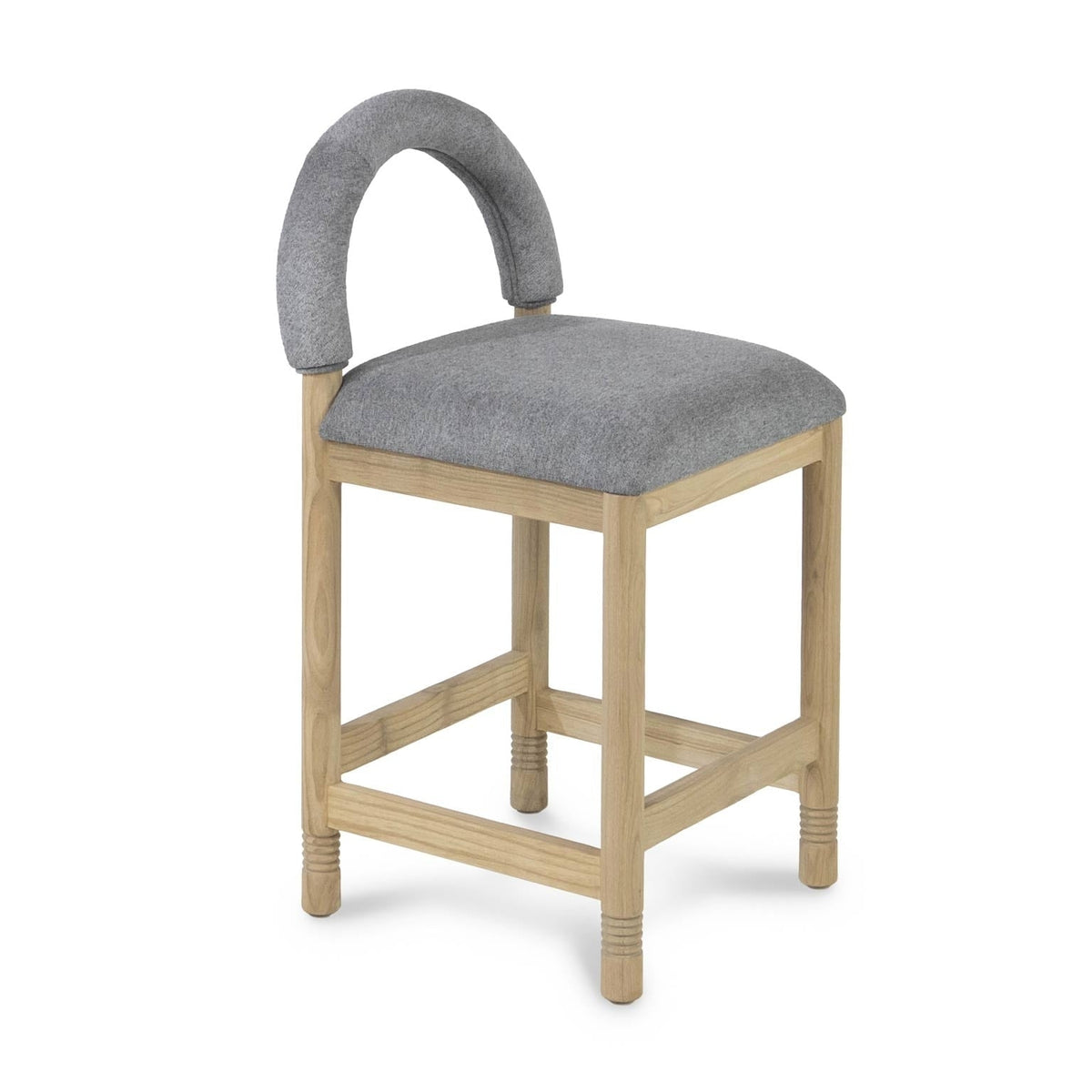Natural oak-framed stool with a padded gray bouclé fabric seat and small rounded upholstered backrest, photographed on a white background.