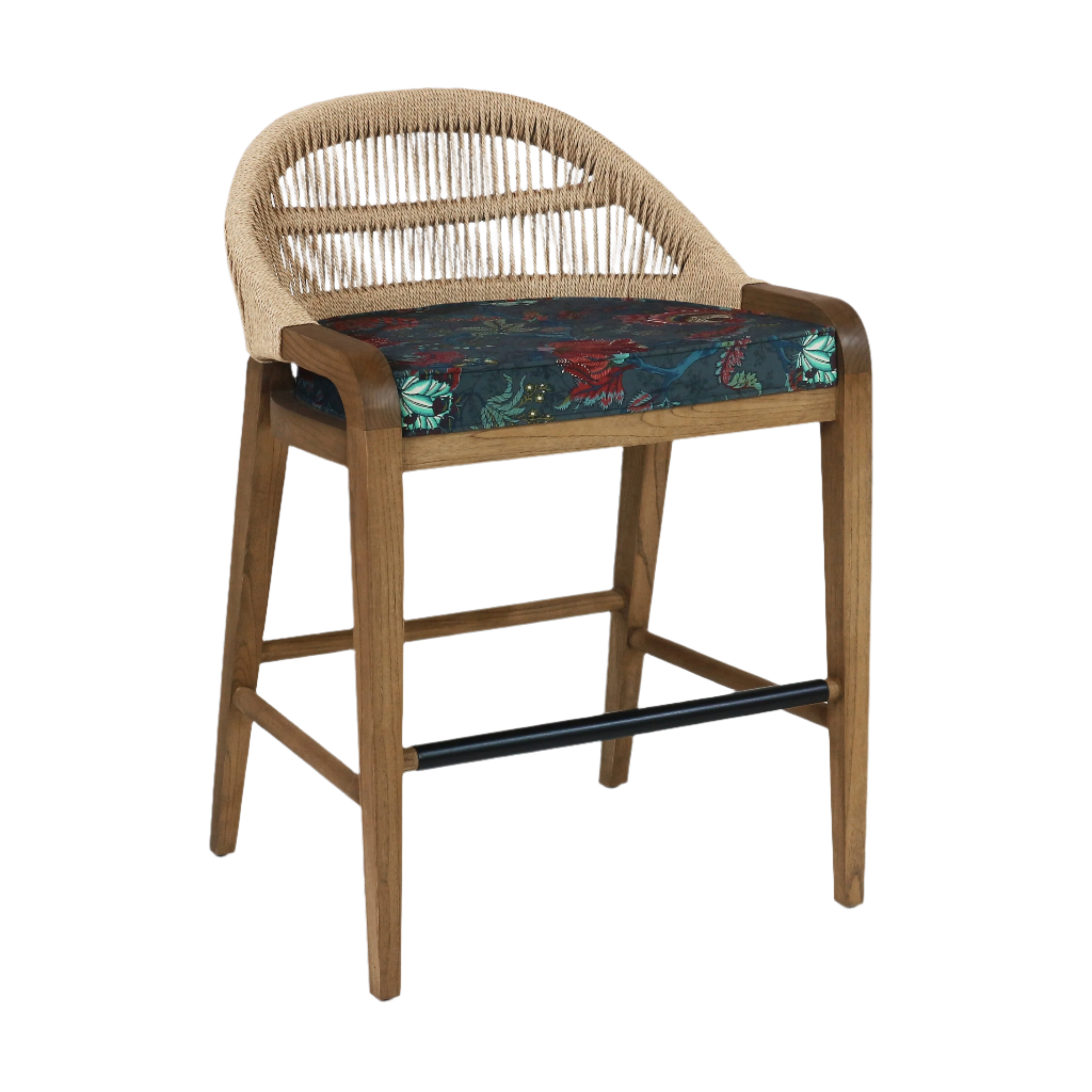 Custom Fara Teak Rope-Backed & Upholstered FA04 Bar Stool