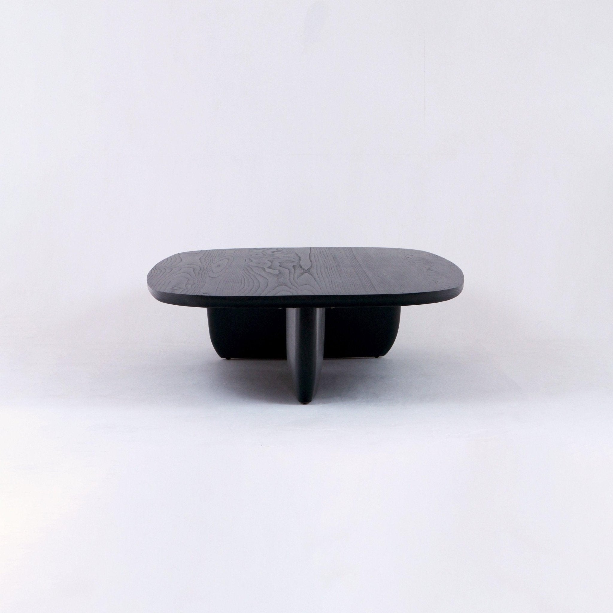 Low-profile smoked black solid wood coffee table with a rounded rectangular top showing wood grain, supported by a sculptural central pedestal base, photographed on a plain white studio background.