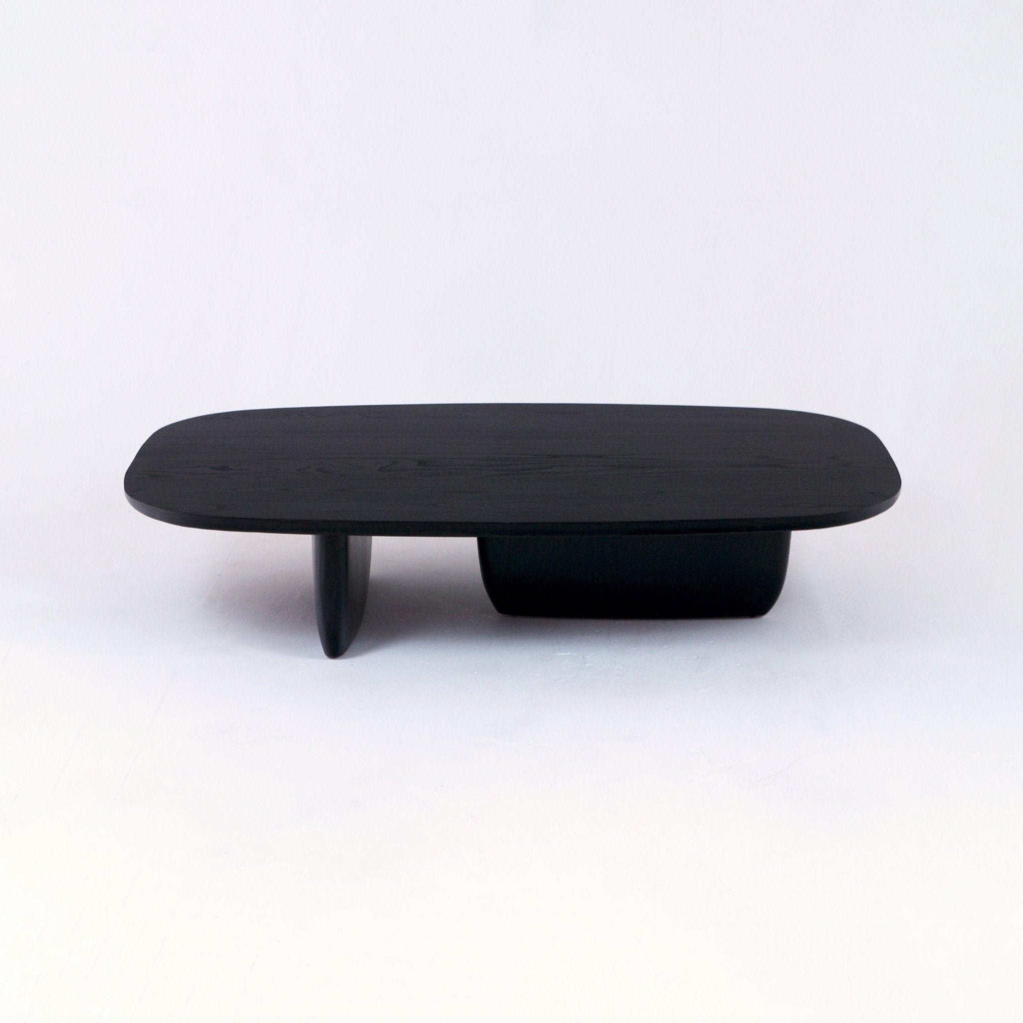 Low modern coffee table in smoked black solid wood with a rounded rectangular top and asymmetrical pedestal supports (narrow leg and broad block), photographed on a white studio background.