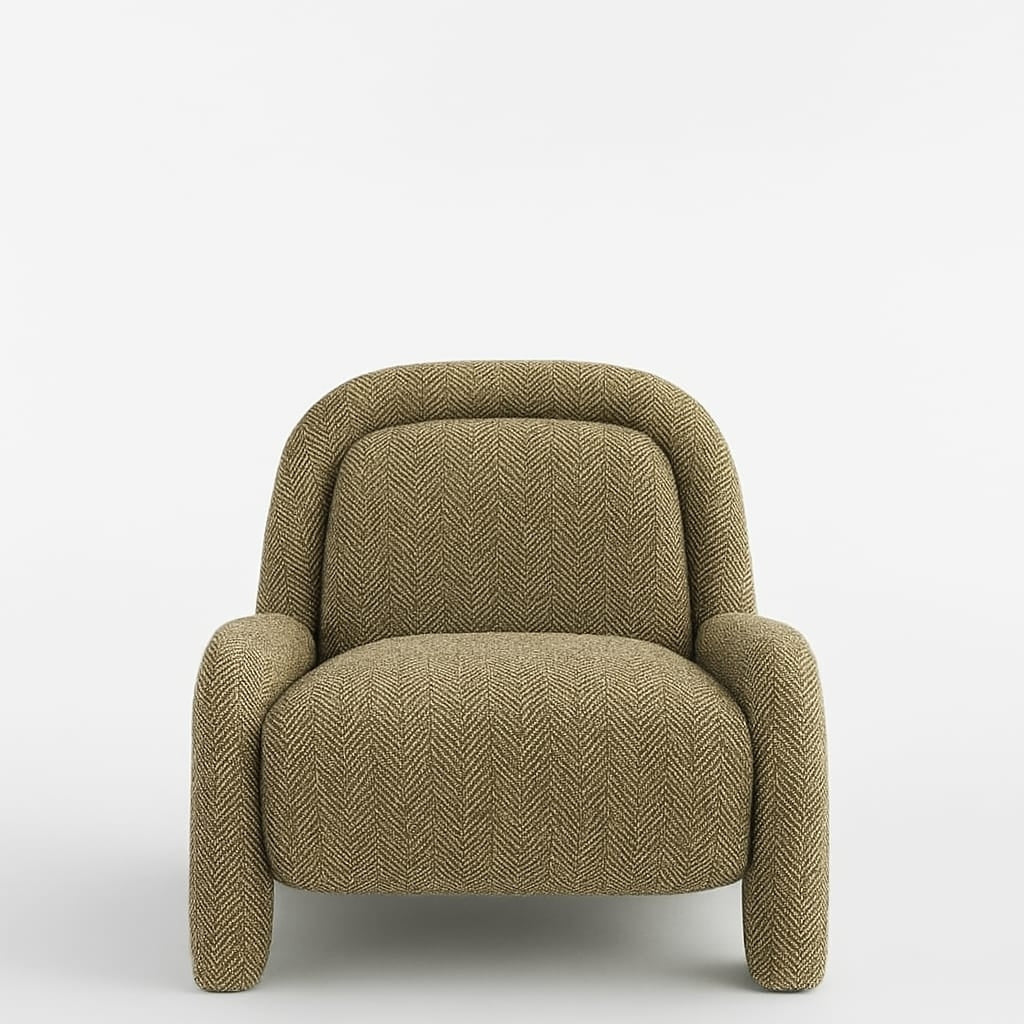 Front view of a modern olive-green accent chair upholstered in chevron-pattern wool, with a curved full back, rounded arms and short padded legs.