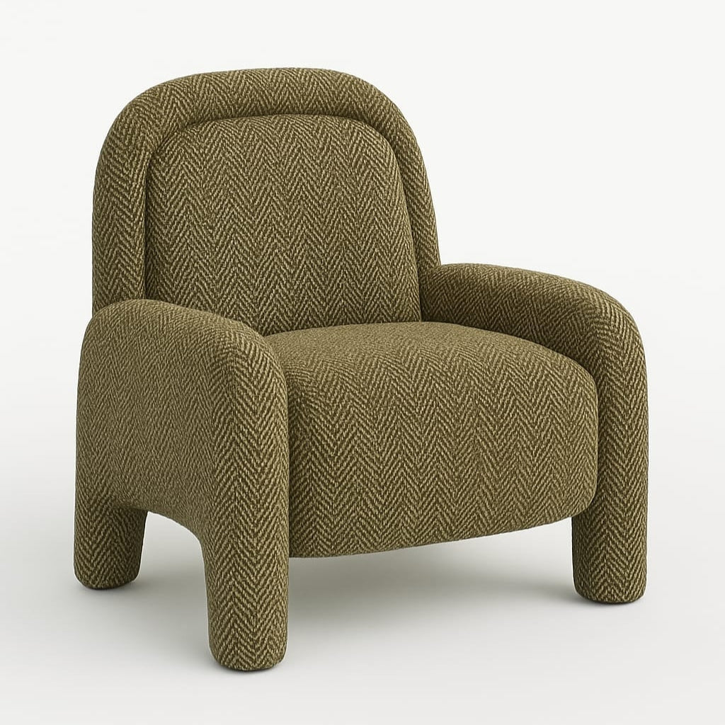 Curved modern accent chair upholstered in olive-green chevron wool, with a full rounded back, low deep seat, integrated rounded arms and short tubular legs for a contemporary lounge look.