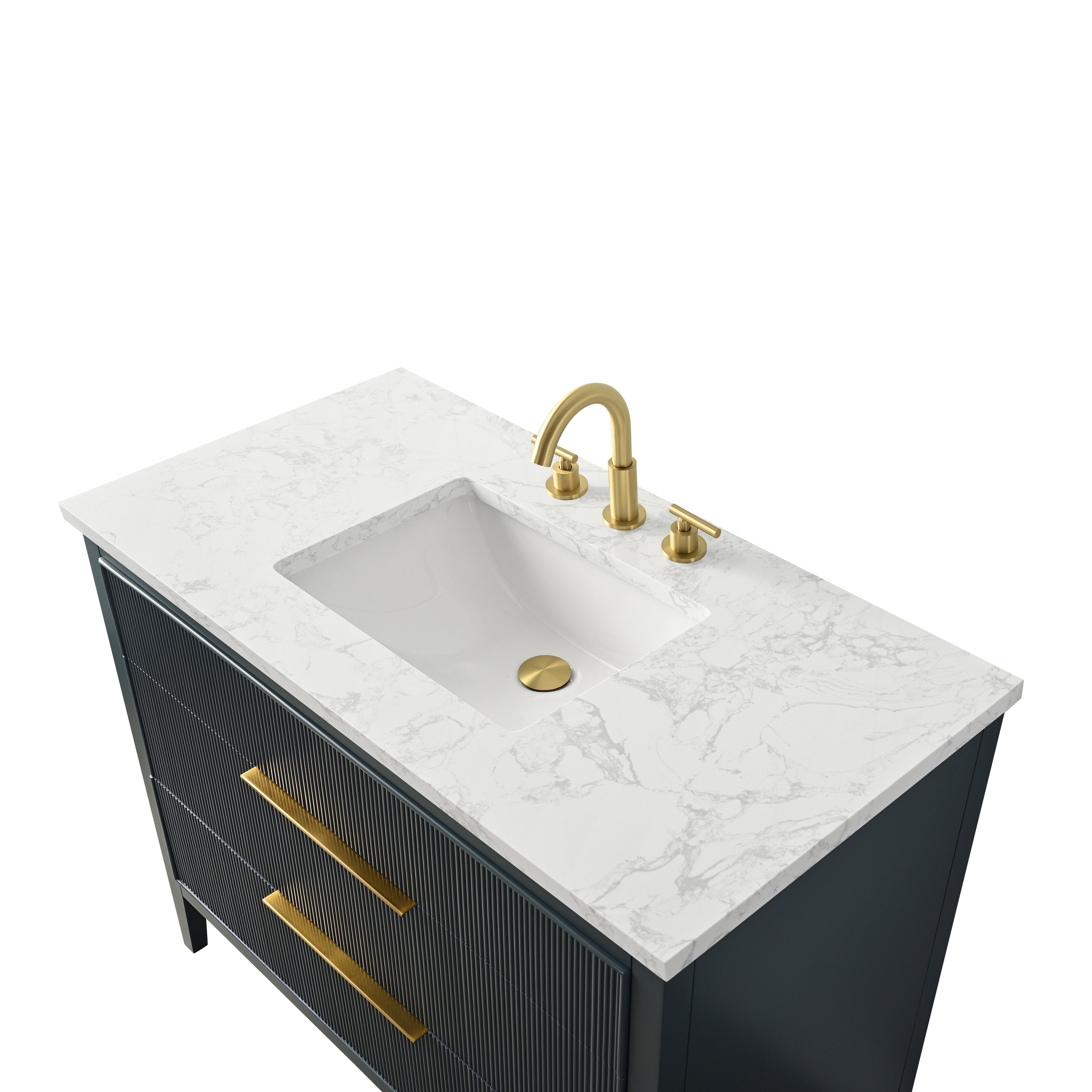 Top-down view of a modern single-sink bathroom vanity with a white veined stone countertop, ceramic undermount sink, dark solid-wood ribbed cabinet and brushed brass faucet with matching brass drawer pulls.