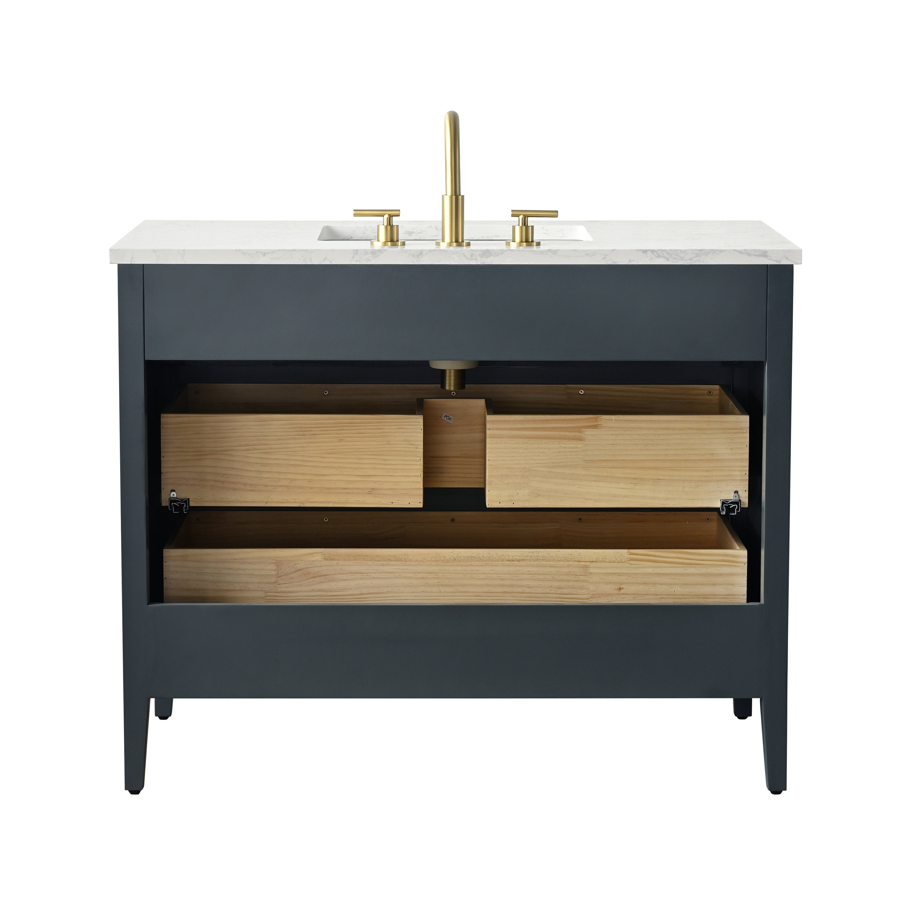 42-inch modern freestanding single-sink bathroom vanity with white stone countertop and integrated ceramic sink, stone-colored solid wood base, open light-wood drawer interiors and brass faucet hardware.