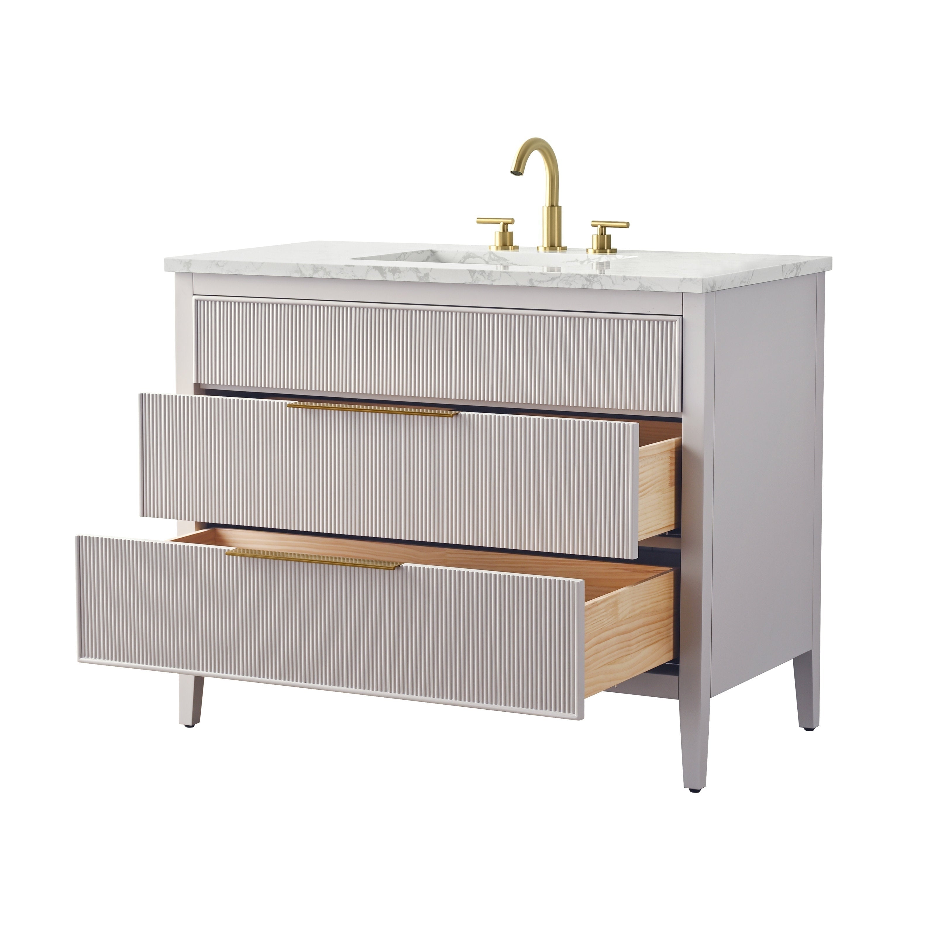 42-inch single-sink modern bathroom vanity with white stone top, light stone-gray solid wood cabinet, two ribbed-front drawers partially open revealing natural wood interiors, and brass-finish faucet and bar handles.