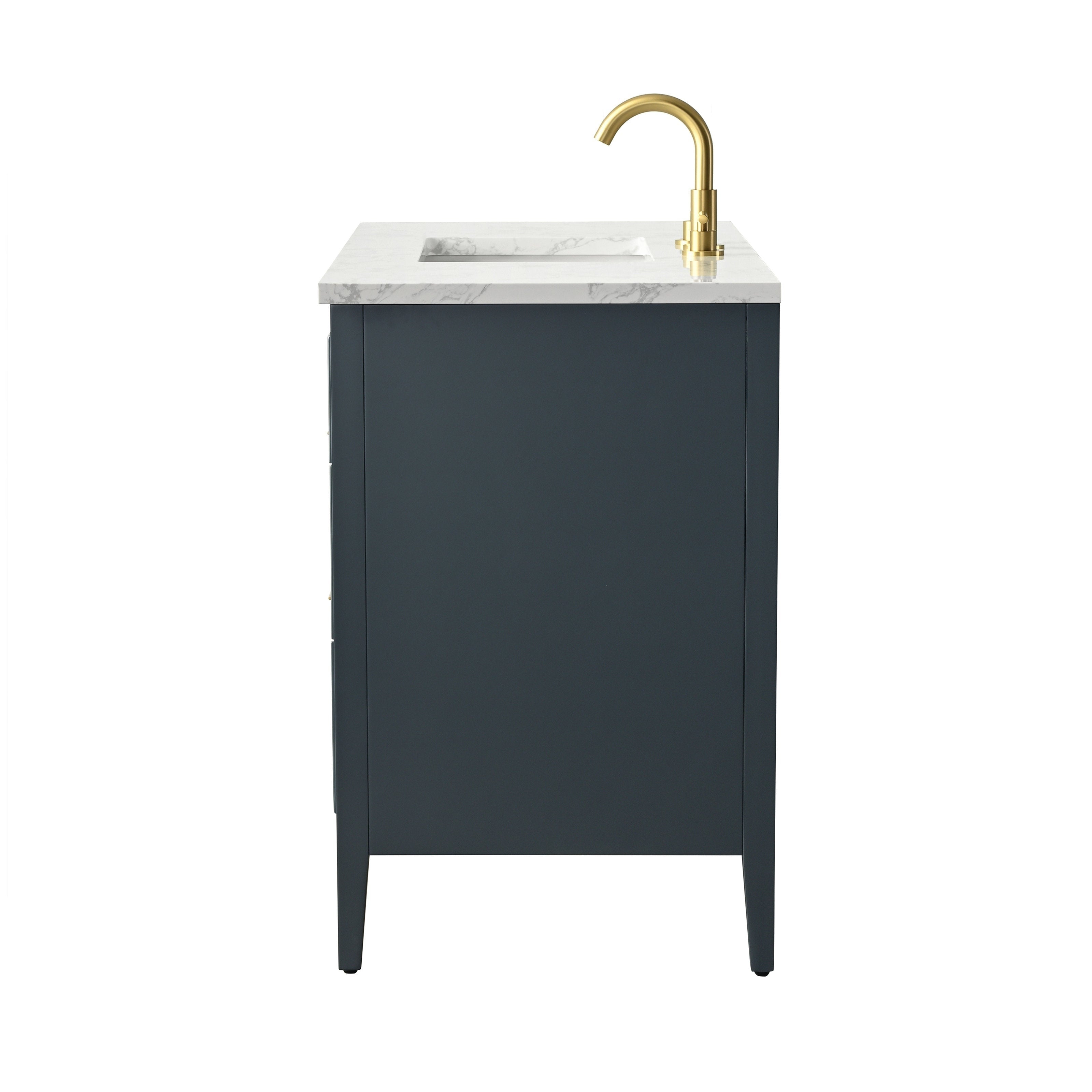 Side view of a modern single-sink bathroom vanity with a white stone marble top and integrated rectangular sink, dark painted solid wood cabinet on tapered legs and a brushed gold curved faucet.