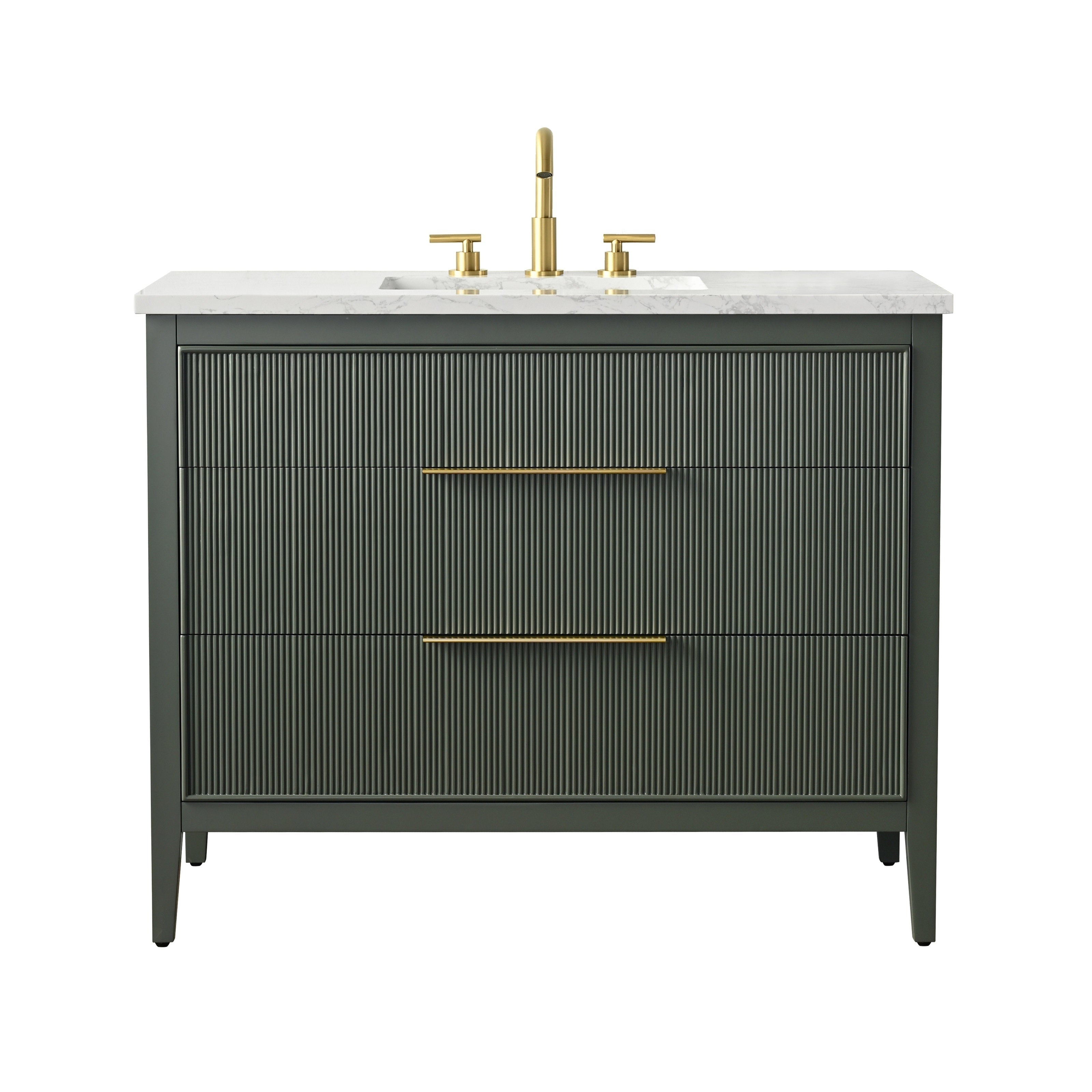 Modern 42-inch single-sink freestanding bathroom vanity in stone-colored solid wood with ribbed drawer fronts, white stone countertop and undermount ceramic sink, paired with brushed brass faucet and slim brass drawer pulls.