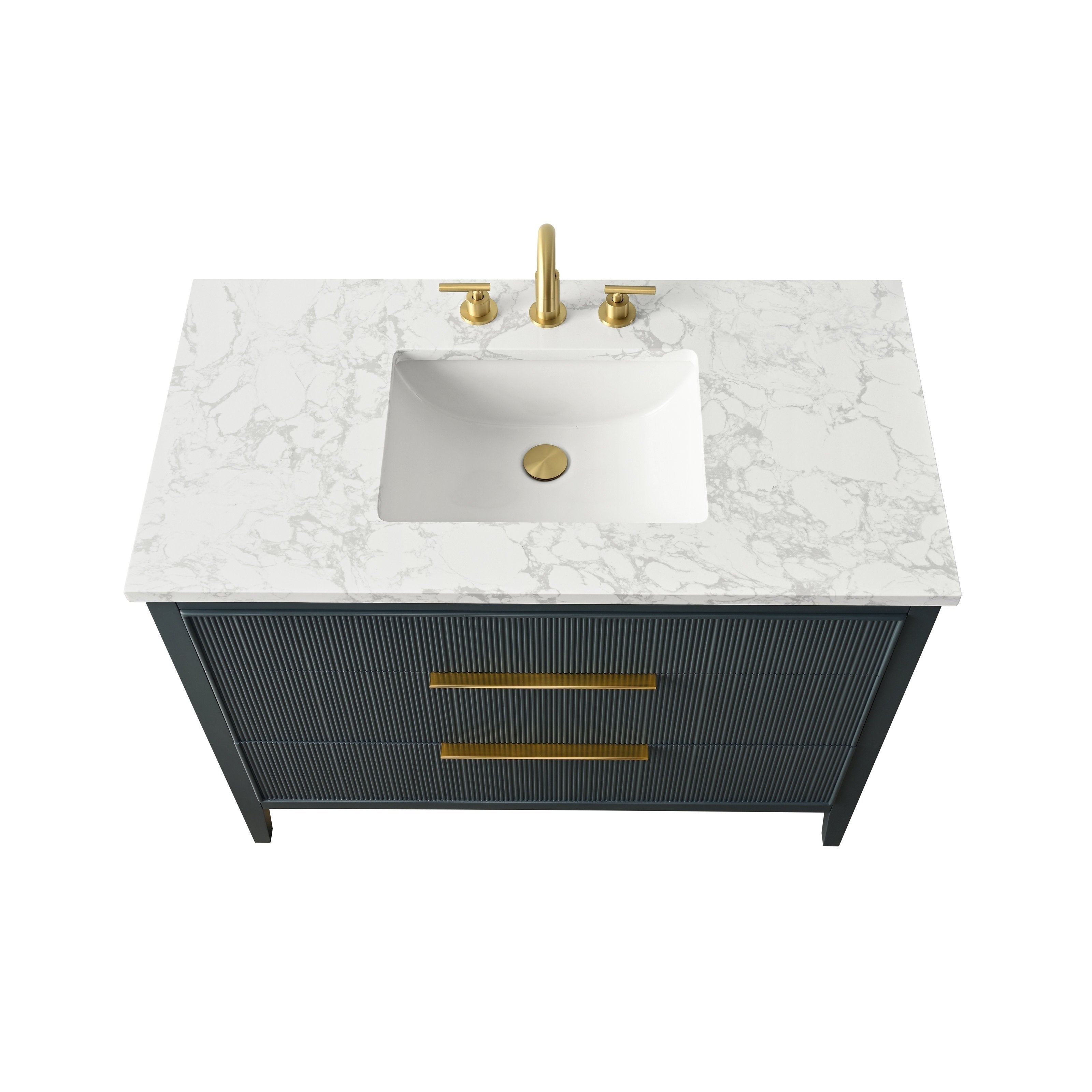 Modern single-sink bathroom vanity with white stone-pattern countertop, integrated rectangular white ceramic sink, brushed gold faucet and drain, and long gold drawer pulls on a dark fluted wood front.
