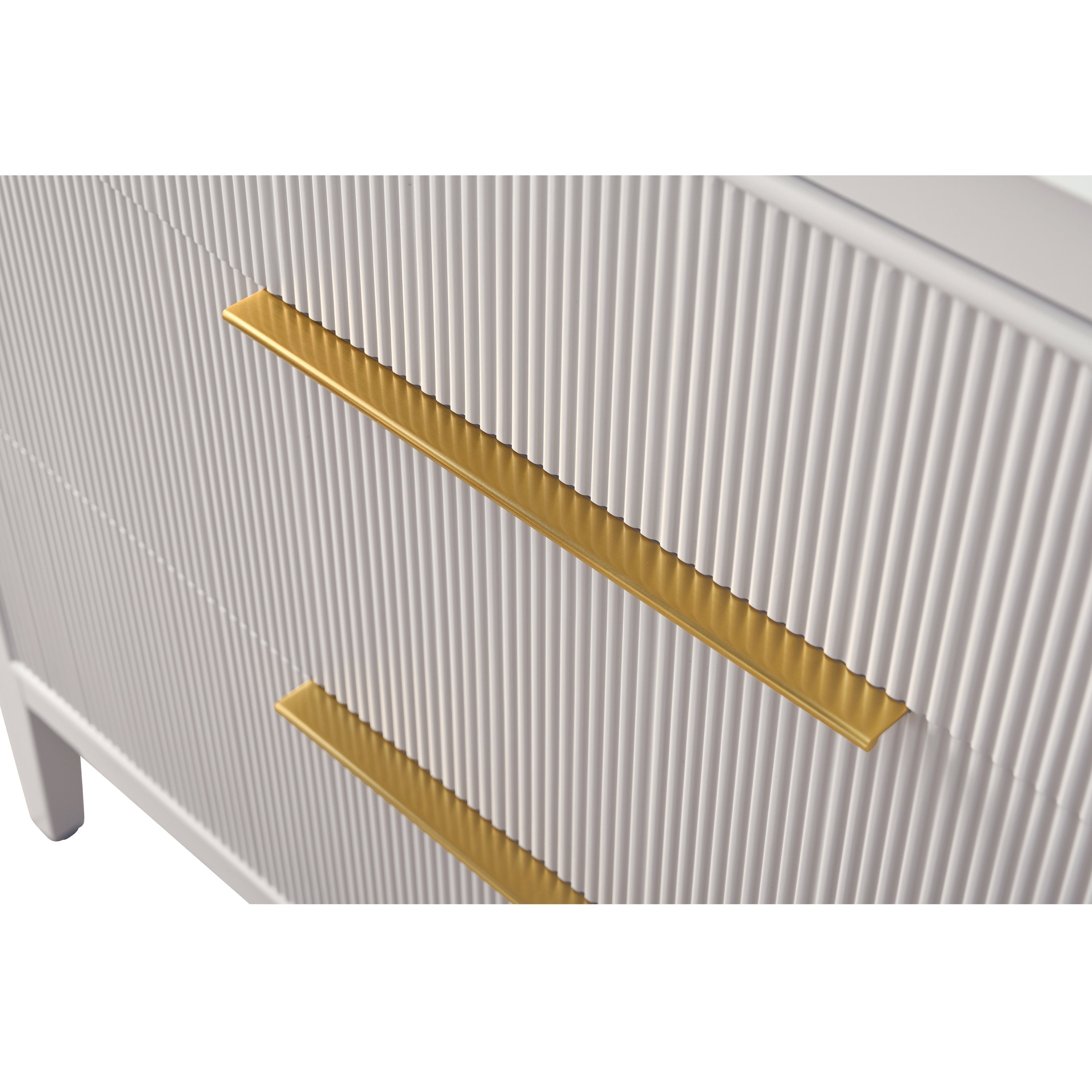Close-up of a stone-colored solid wood bathroom vanity drawer front with vertical ribbed texture and two slim gold metal handles, highlighting the modern contemporary design.