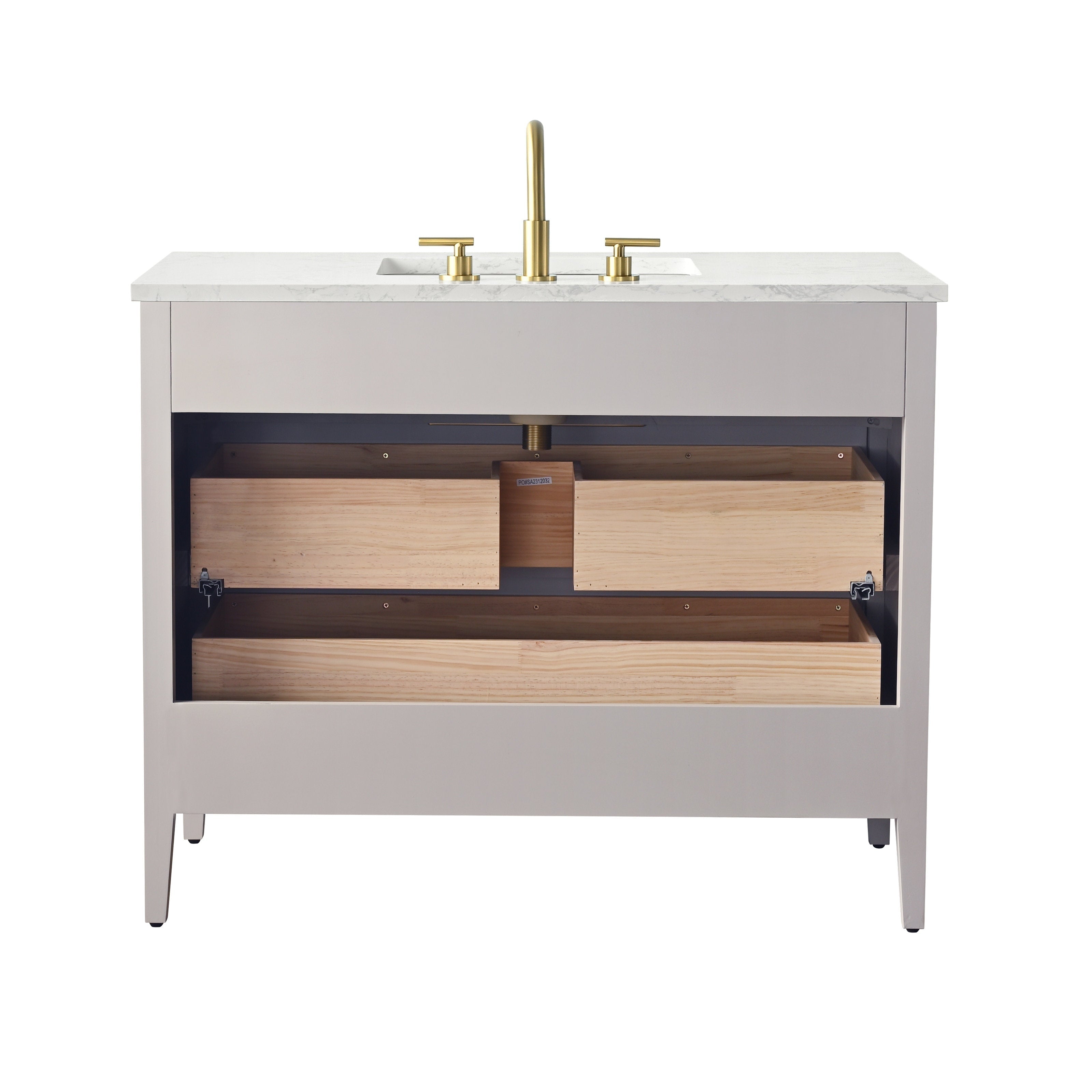 Front view of a modern single-sink bathroom vanity with a white stone countertop, taupe solid-wood cabinet, brass faucet, and exposed light-wood drawer boxes.