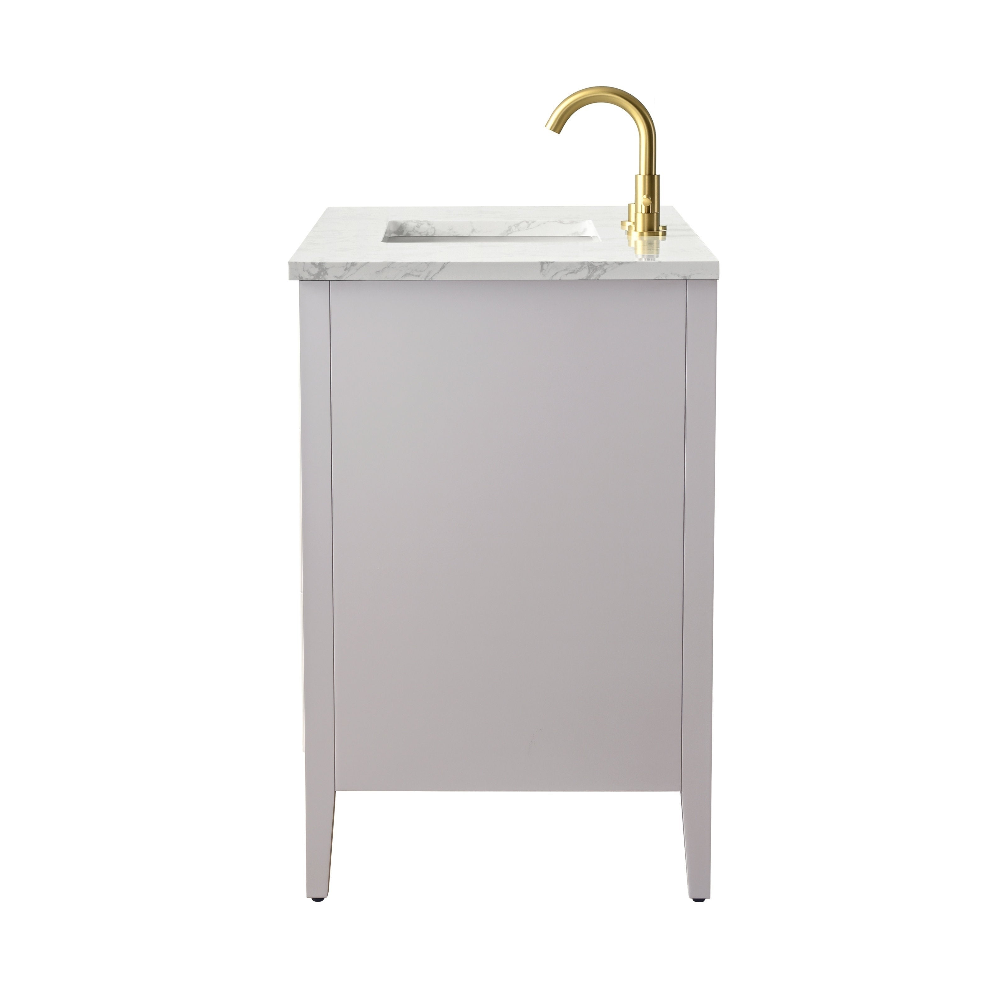 Side view of a modern solid wood bathroom vanity in stone finish with a marble-look stone countertop, integrated rectangular sink and brushed gold faucet, freestanding on tapered legs.