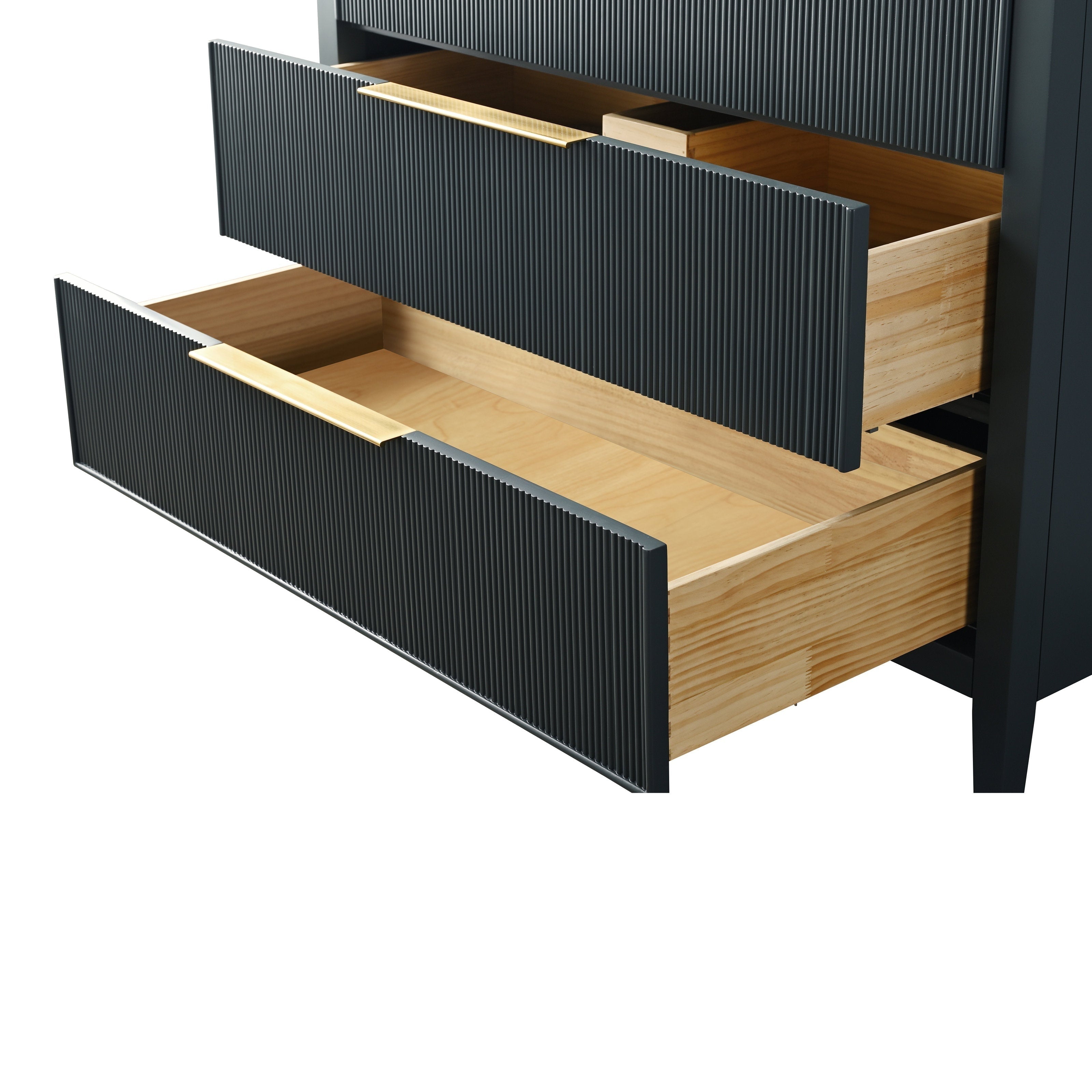 Close-up of two open vanity drawers with natural solid wood interiors, dark stone-colored ribbed fronts and brass-tone handles, highlighting the modern bathroom vanity’s storage and hardware details.
