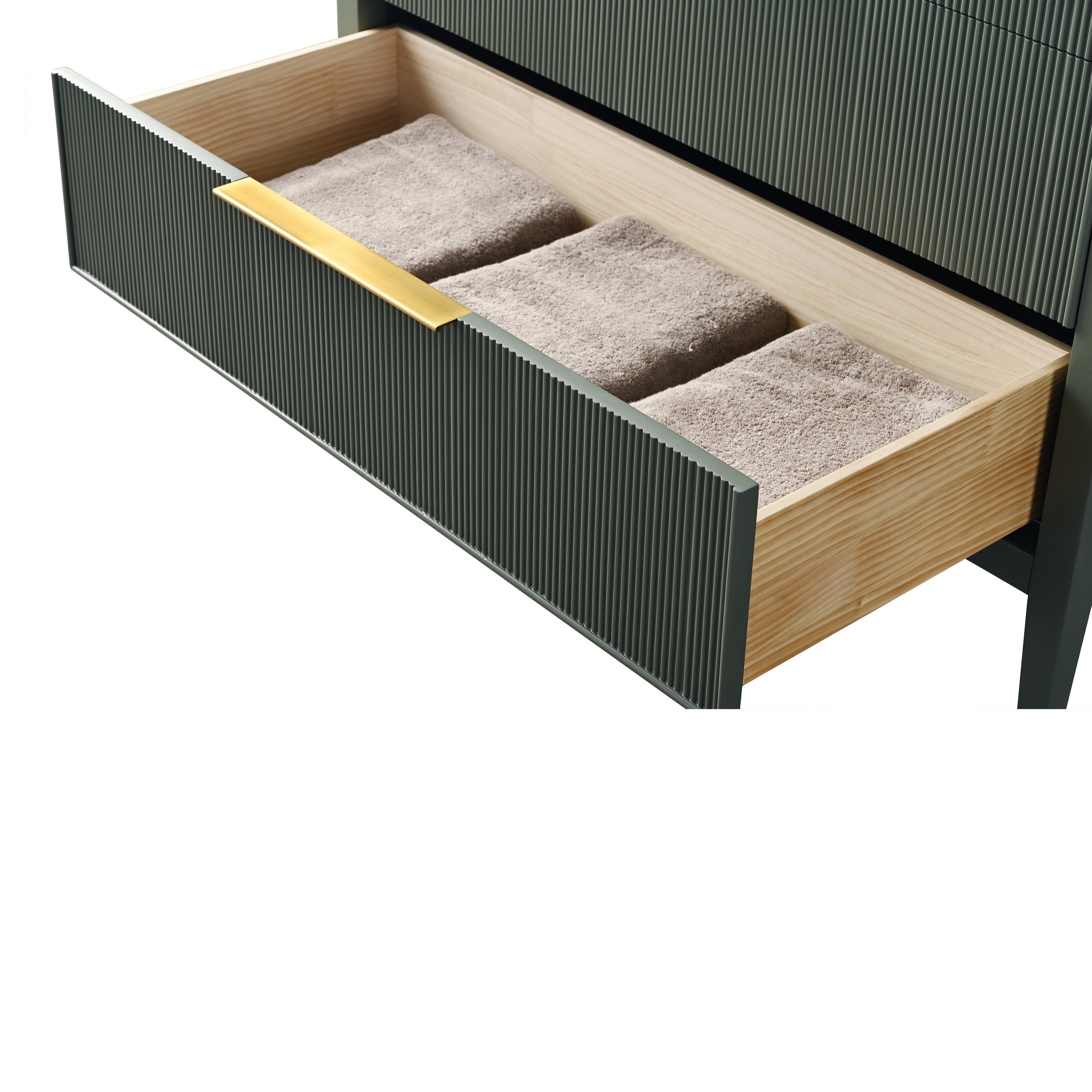Open modern bathroom vanity drawer with fluted stone-colored front, gold-tone handle, light solid-wood interior and three neatly folded beige towels inside.