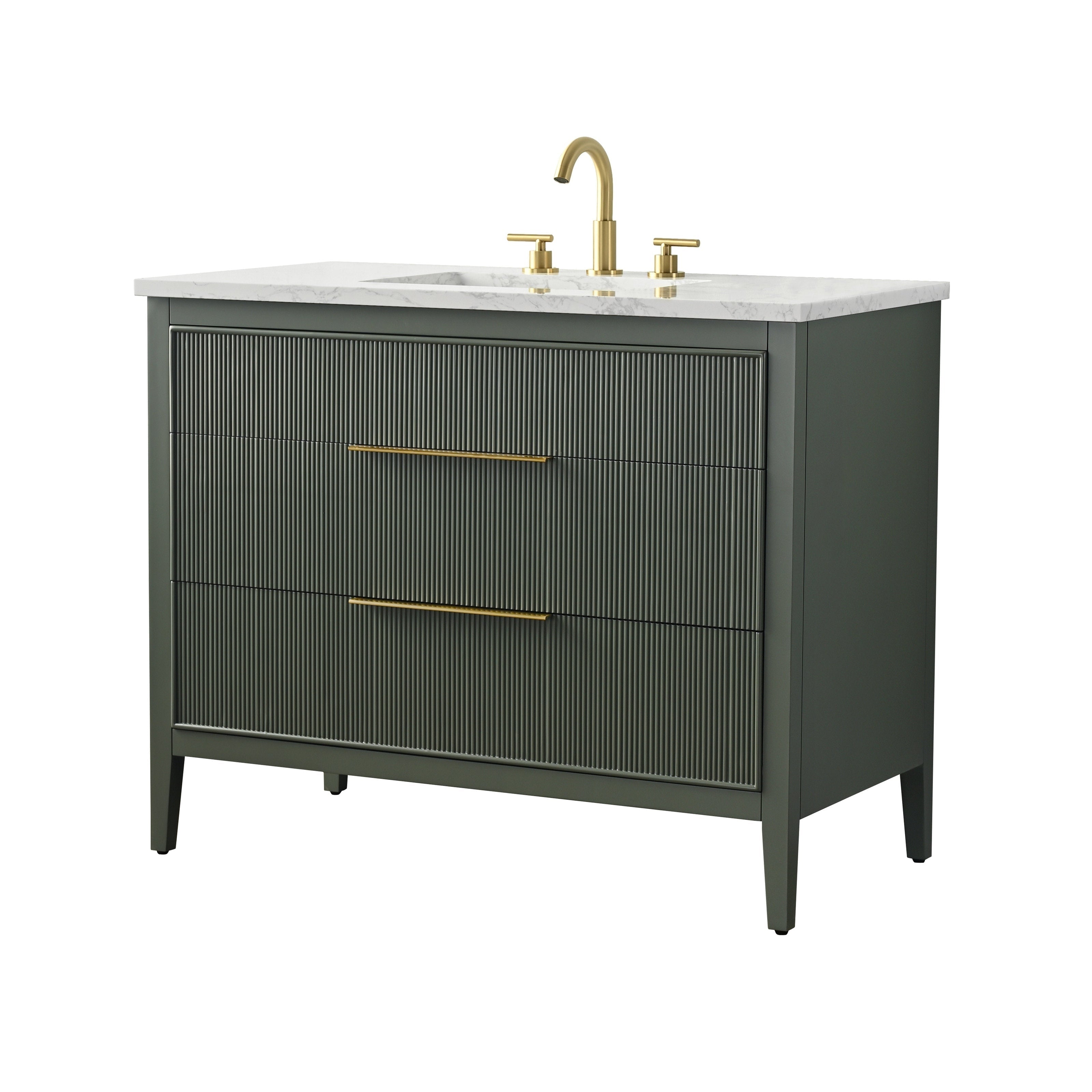 42-inch freestanding single-sink bathroom vanity in stone-colored solid wood with white stone countertop, integrated rectangular sink, ribbed drawer fronts and slim gold-tone handles and faucet.
