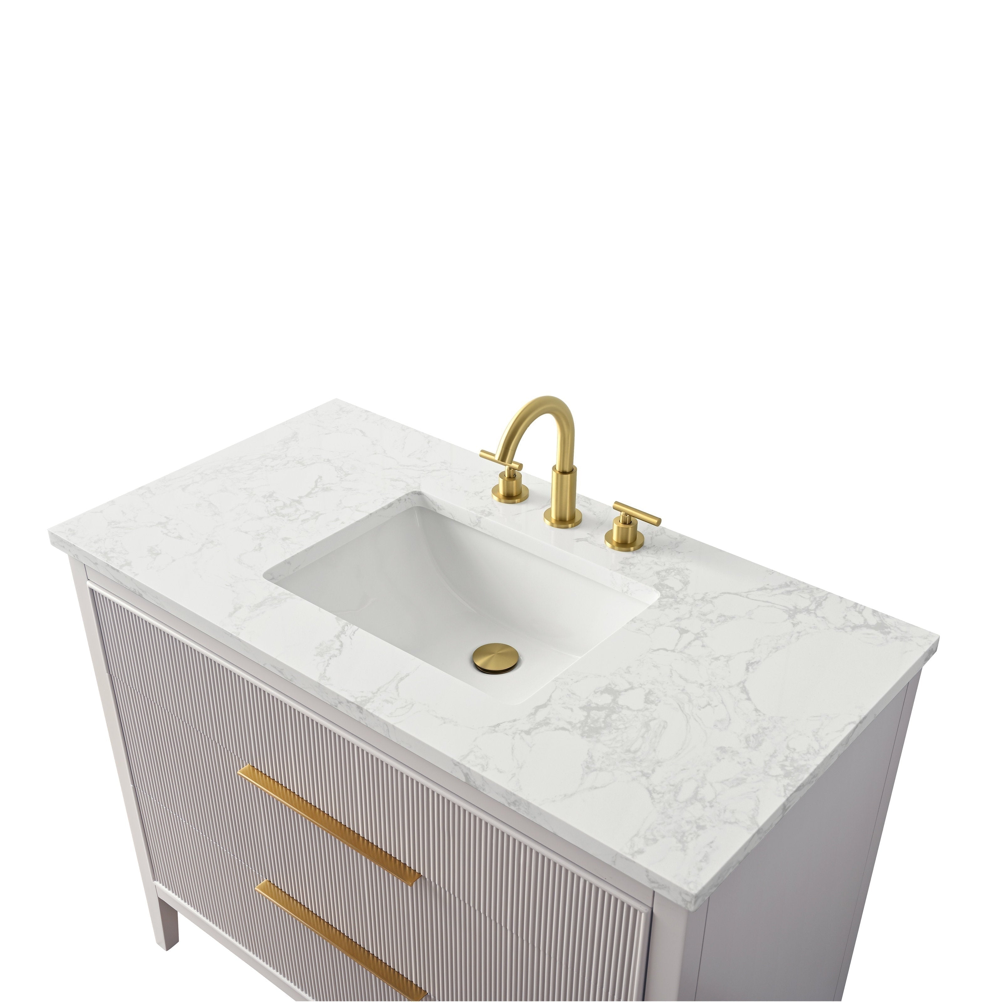 Freestanding modern single-sink bathroom vanity with white marble-look stone top, rectangular undermount ceramic sink, brushed gold faucet and drain, and fluted solid wood cabinet in a stone/taupe finish with gold drawer pulls.