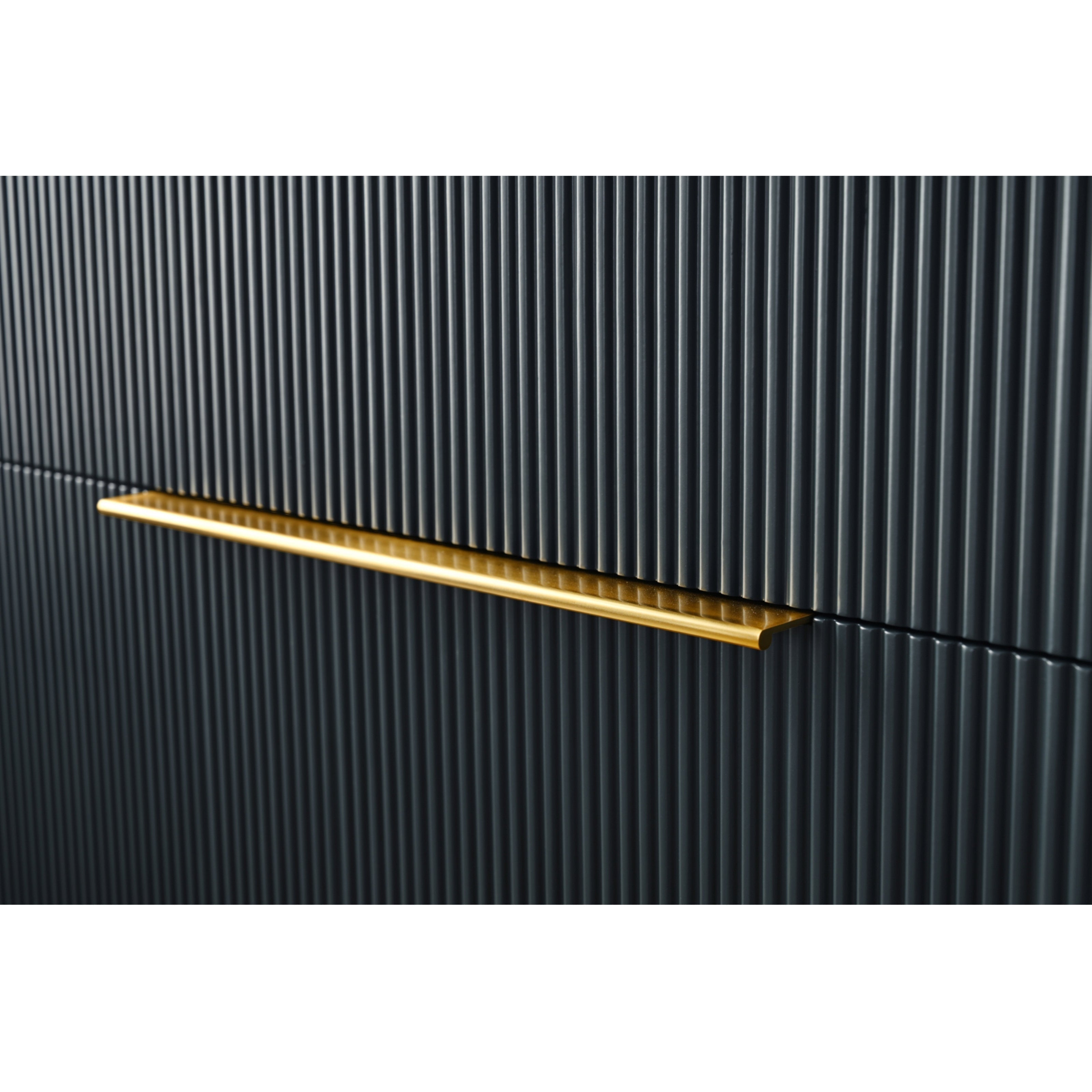 Close-up of a stone-colored fluted wood bathroom vanity drawer front with a slim brushed brass horizontal handle, highlighting the modern textured panels and metal hardware.
